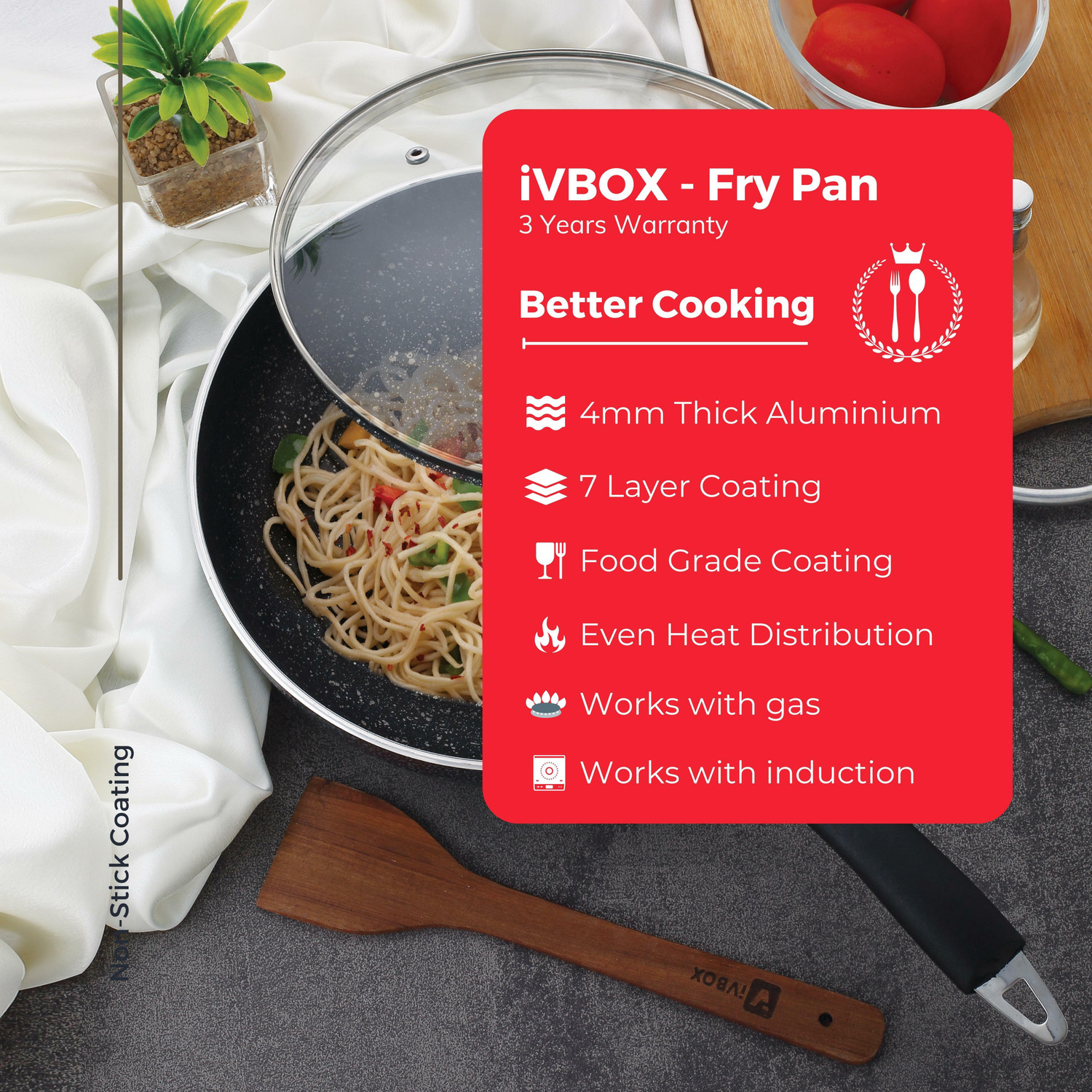Image of iVBOX Ruff & Tuff 4mm-Thick Non-Stick induction Bottom Frying Pot with Glass Lid Fry Pan 26 cm diameter with Lid 2 L capacity