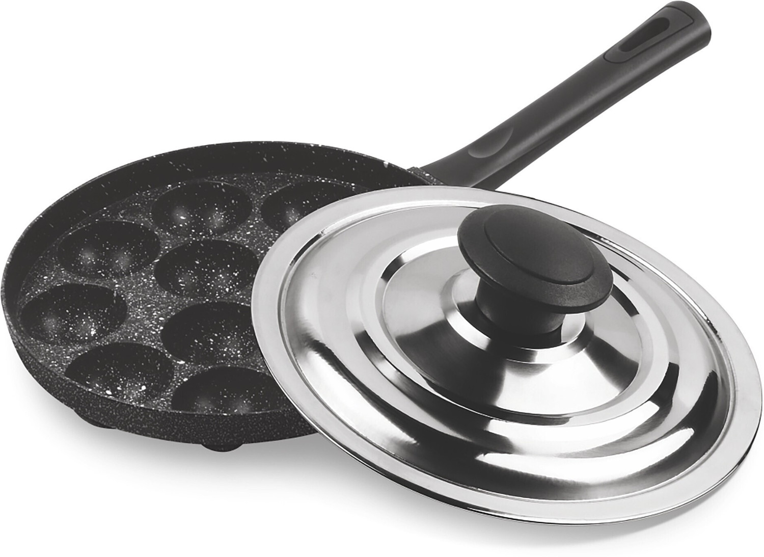 Image of MILTON Pro cook Appam Patra 12 Cavities, 14 Inch Non-Stick Paniyaram Pan with Steel Lid Pot 21.65 cm diameter 0 L capacity with Lid