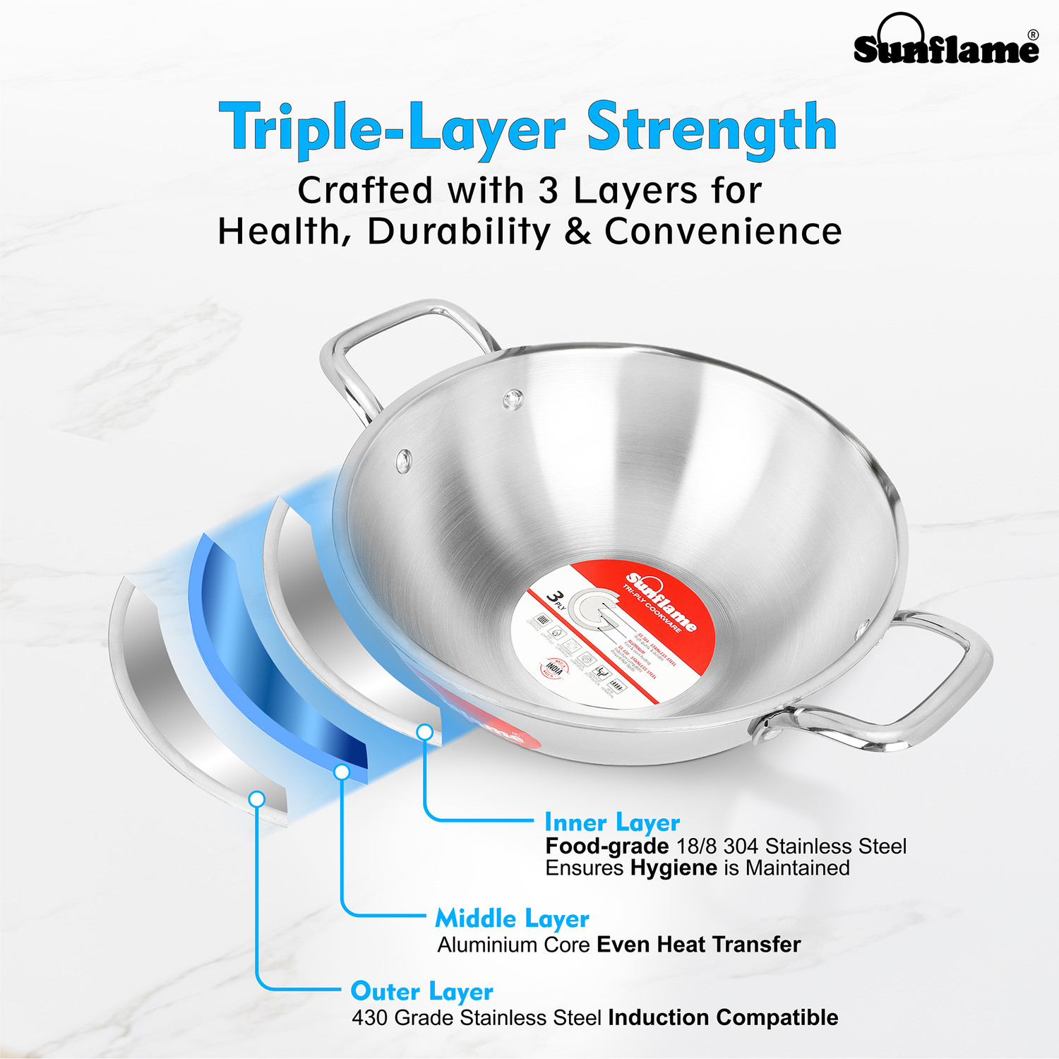 Image of Sunflame Triply Kadhai 26 cm with Lid | 5 Year Warranty, Induction Compatible | Kadhai 26 cm diameter with Lid 3.7 L capacity (Triply, Induction Bottom)