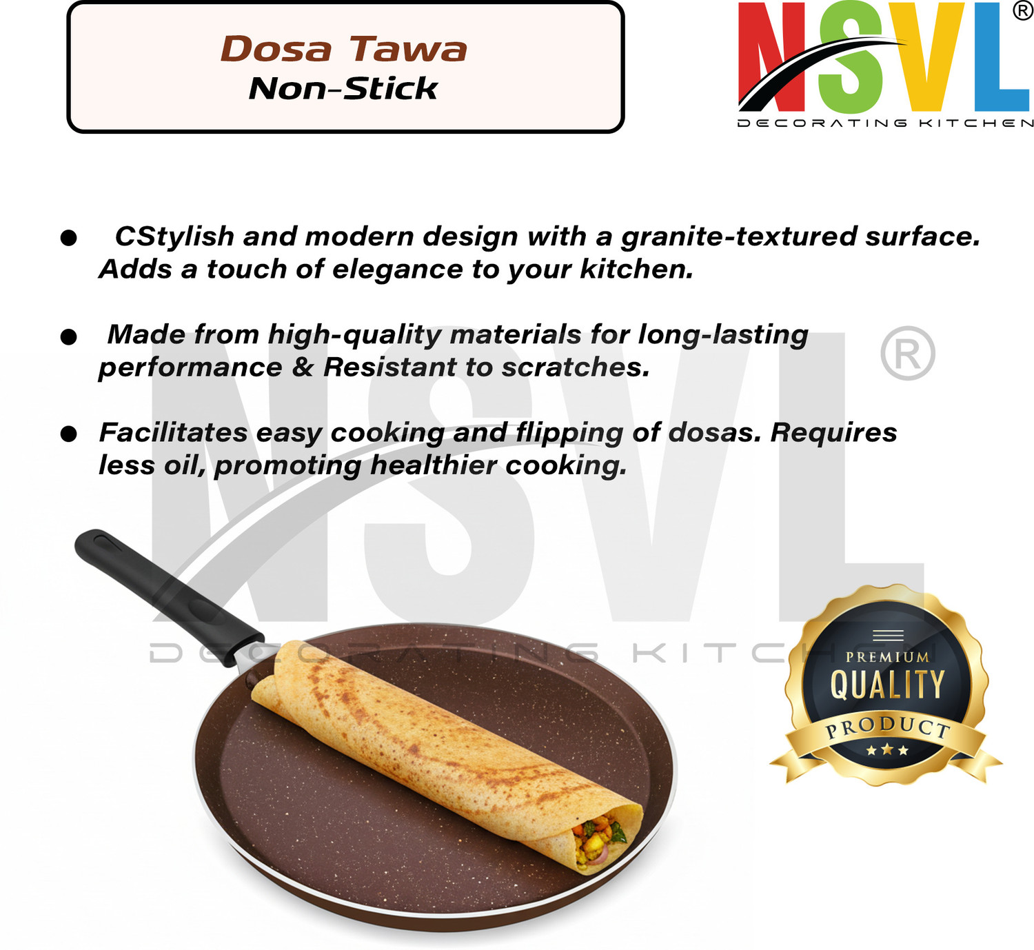 Image of NSVL Non-Stick Premium Brown Dosa Tawa with Handle| Granite Finish | Pfoa Free Tawa Tawa 26.5 cm diameter