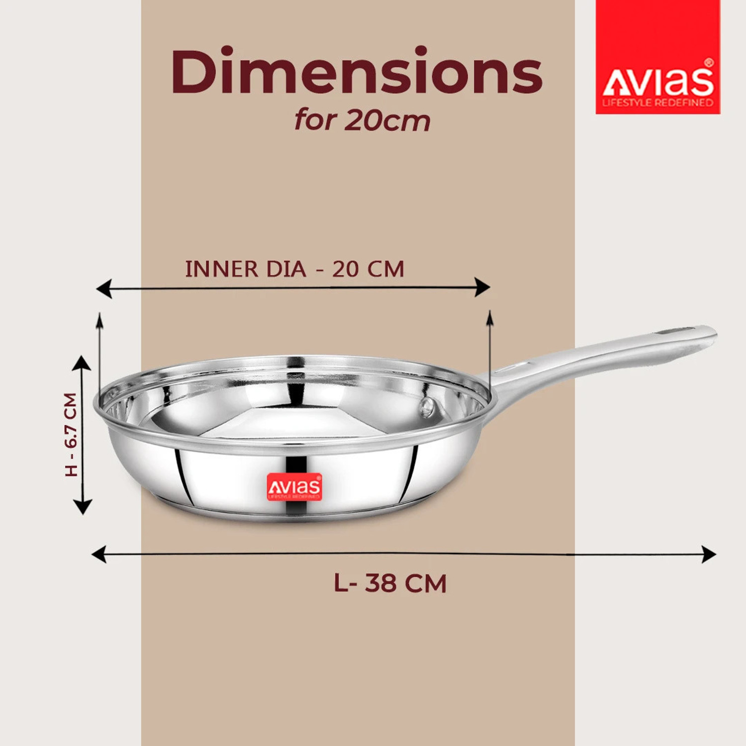 Image of AVIAS INOX IB Frypan, Fry Pan / Gas Stove Cooking Pan, Rust Resistant, Mirror Finish Fry Pan 20 cm diameter with Lid 2 L capacity