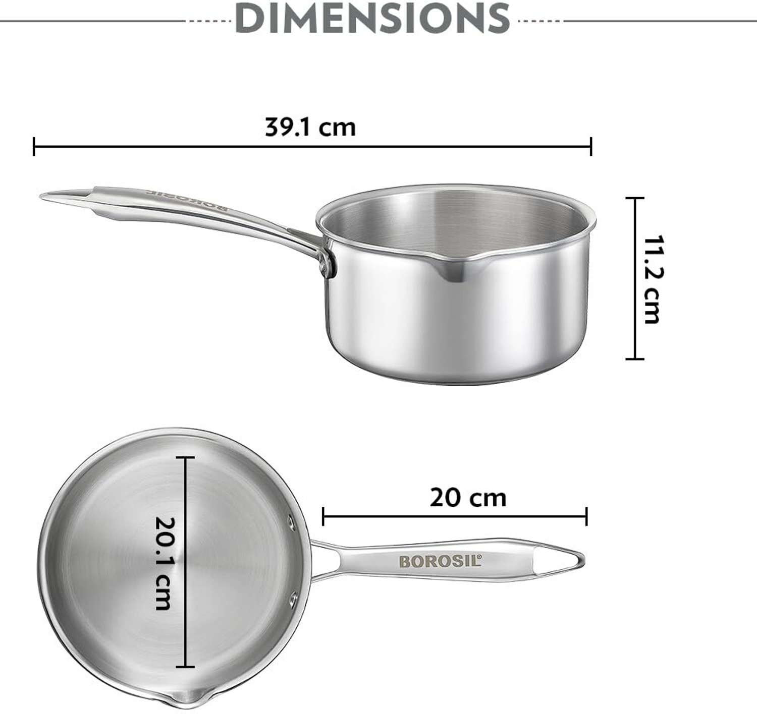 Image of BOROSIL Triply Steel 18 Cm Sauce Pan with Spout, SS304 Food Grade Steel Sauce Pan 18 cm diameter 2.1 L capacity