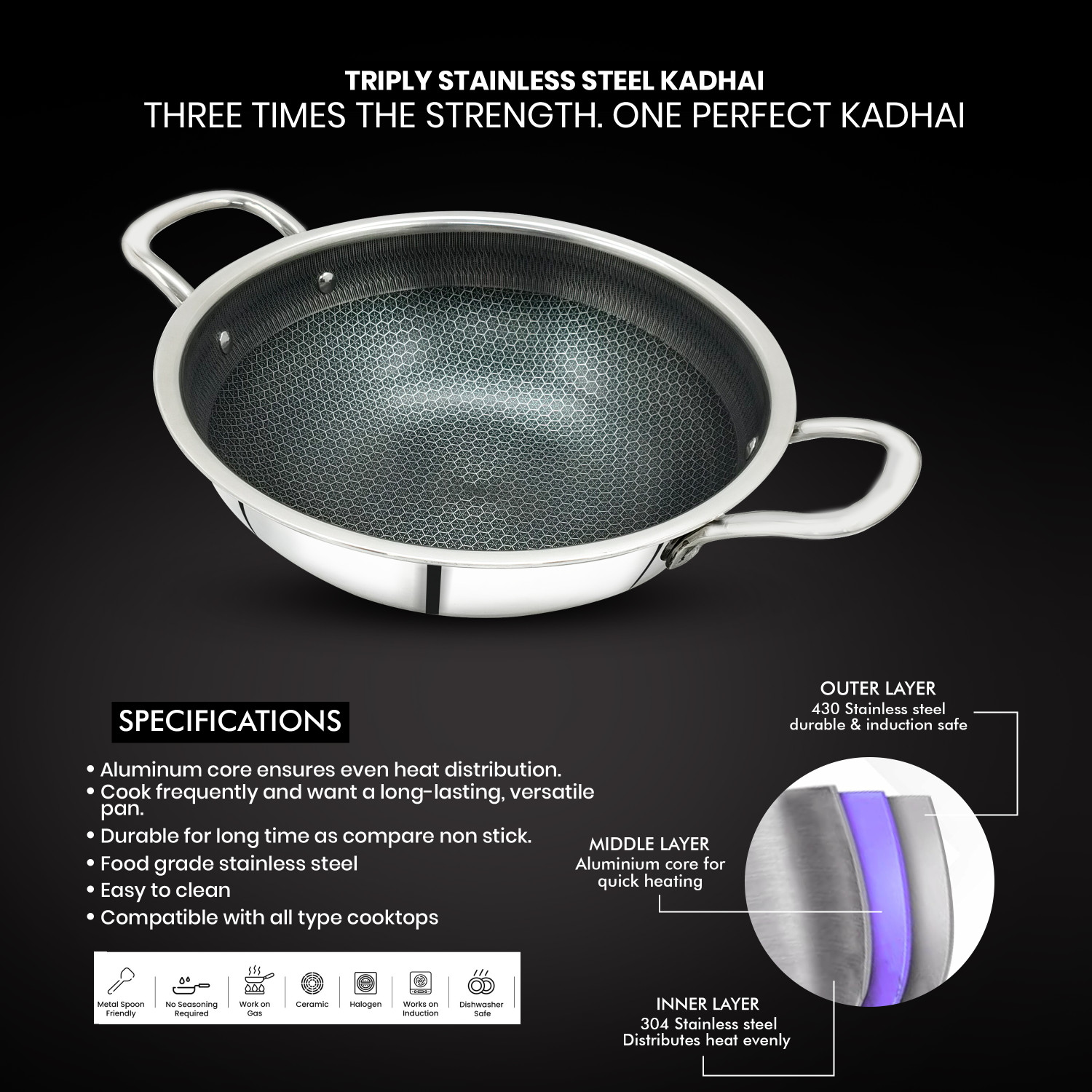 Image of Sigri-wala Cook Healthy Honeycomb Mesh Kadhai 24 cm diameter 2.4 L capacity