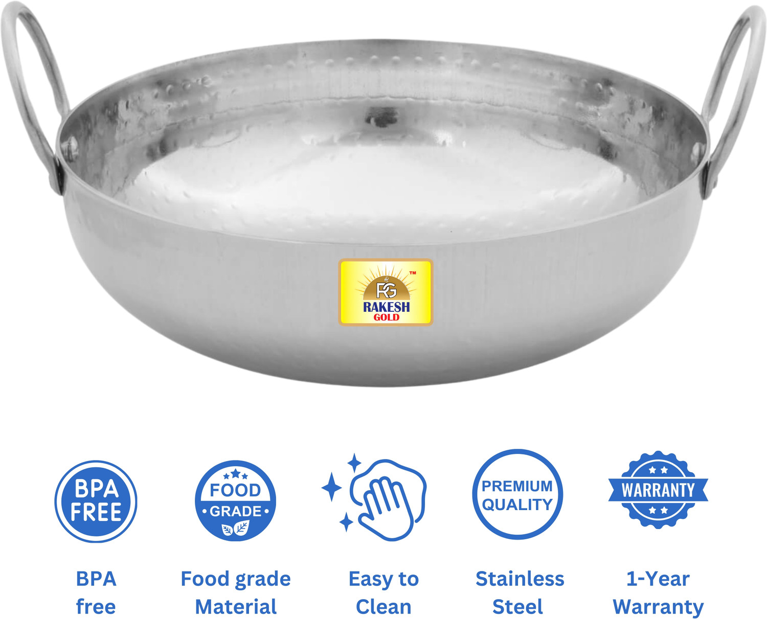 Image of Rakesh Gold Stainless steel heavy bottom for kadhai Kitchen | Hammered steel kadhai cooking Kadhai 35 cm diameter 7.5 L capacity