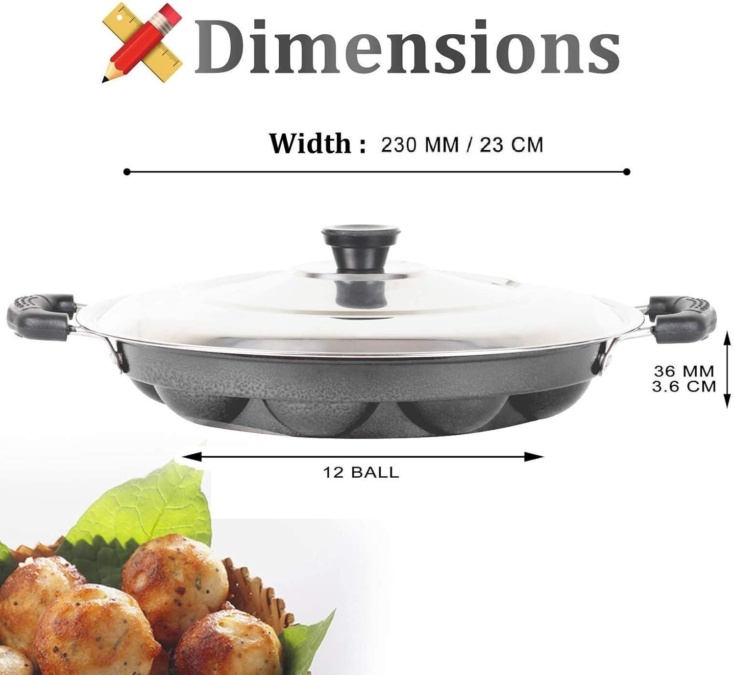 Image of DTM super appam patra with lid and handle / kulipaniyaram pan nonstick / appe / aapee Paniarakkal Pan 23 cm diameter with Lid 1 L capacity