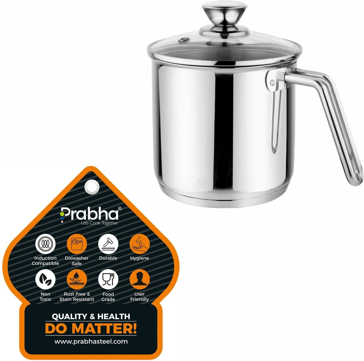 Image of PRABHA Heavy Gauge Encapsulated Base Stainless Steel Plain Milk Pot Milk Boiler Pot 14 cm, 11 cm diameter 1.8 L, 1.1 L capacity with Lid