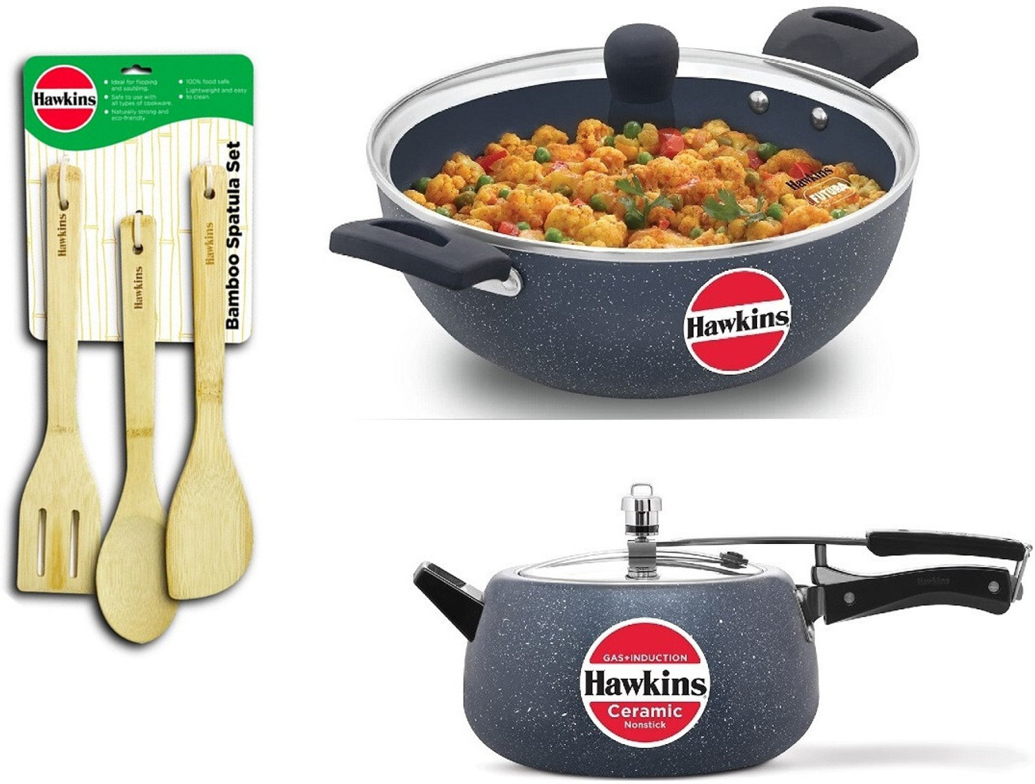 Image of Hawkins Ceramic Coted Kadhai with Glass Lid 3.5L,Cooker 5L,SPATULA 3pc SET BSPTL3, Kadhai 40 cm, 28 cm, 32 cm diameter with Lid 3.5 L, 5 L capacity