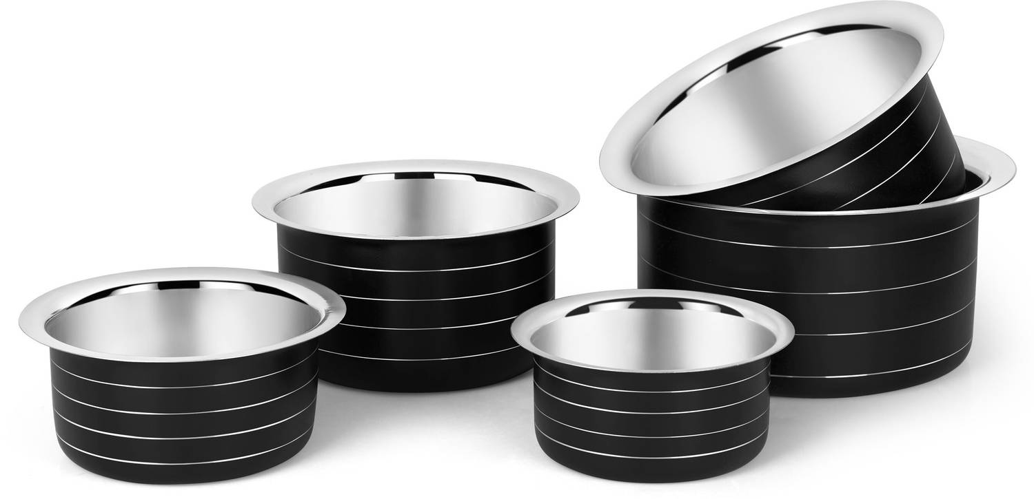 Classic Essentials induction friendly Tope cookware set (5 piece ) Black Tope/Bhagona/Patila Set 600 ml, 900 ml, 1200 ml, 1600 ml, 2000 ml capacity 11 cm, 12.5 cm, 14 cm, 15.2 cm, 16.7 cm diameter