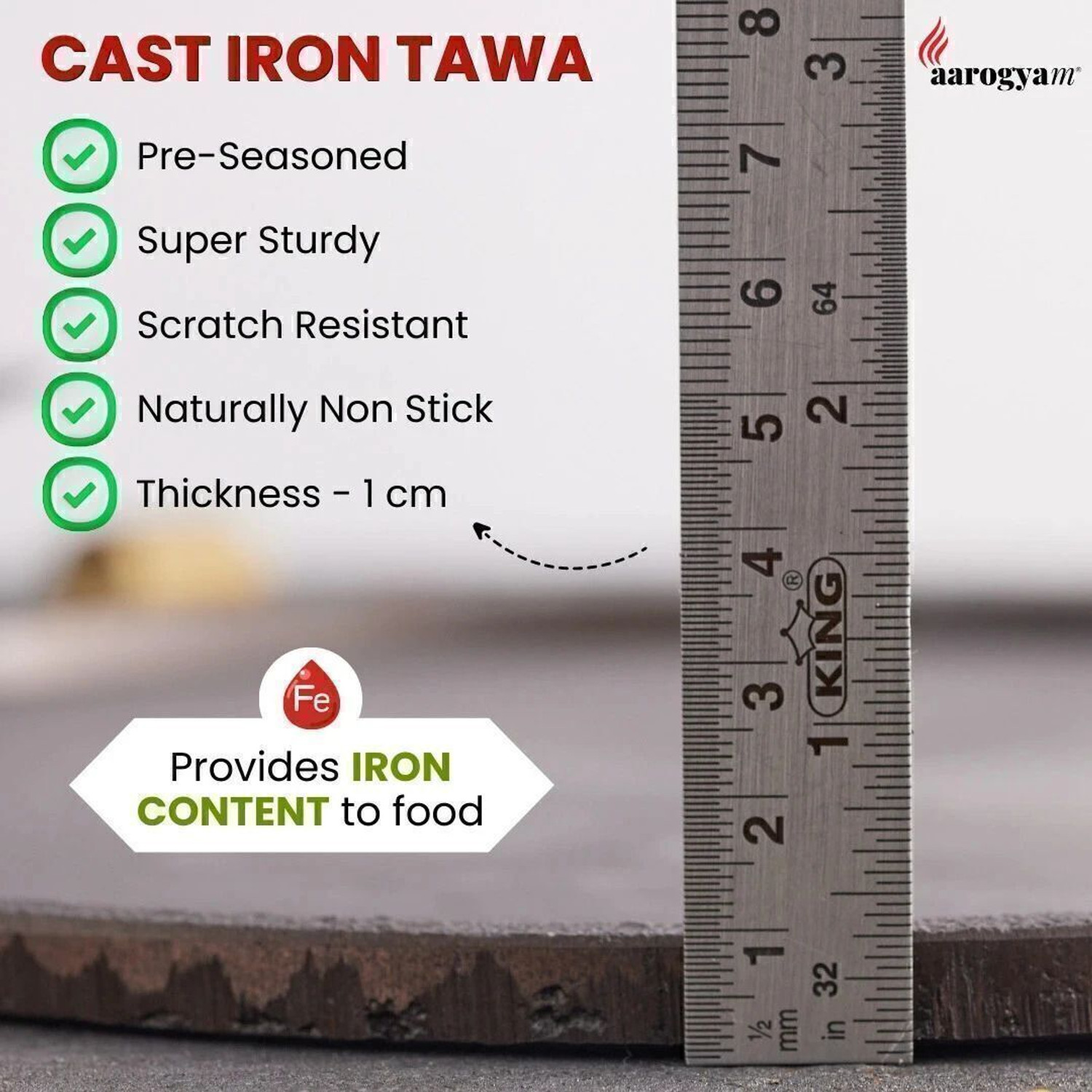 Image of Aarogyam Cast Iron Dosa /Roti Tawa with Long Handle, Pre-Seasoned Tawa 26 cm diameter