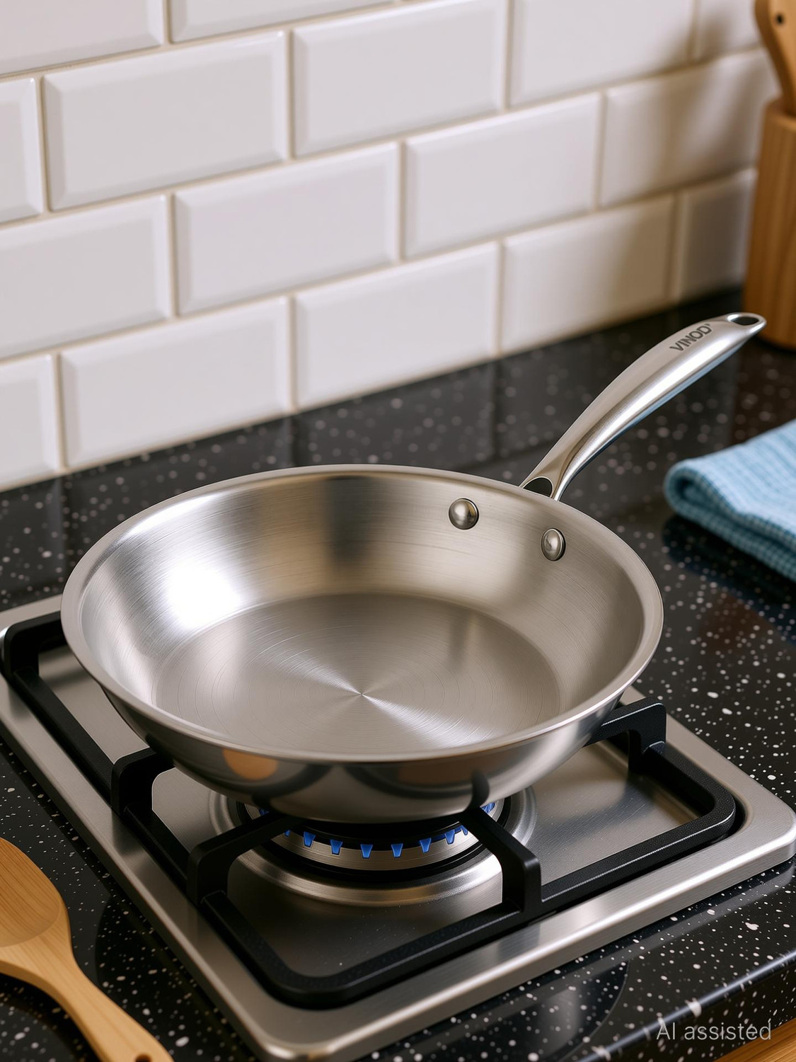Image of VINOD Platinum Triply Stainless Steel Frypan 22 cm Diameter with Riveted Sturdy Handle Fry Pan 22 cm diameter 2.5 L capacity