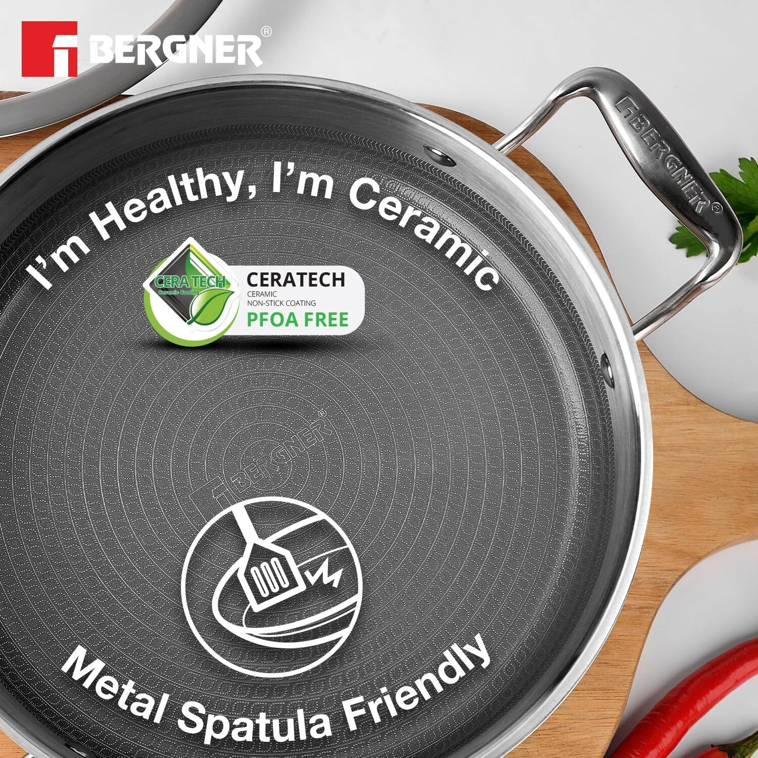 Image of BERGNER Hi-Tech Giro X Ceramic Serving Pan, Non Toxic, Pan Protector Included | Pot 28 cm diameter 5.7 L capacity with Lid