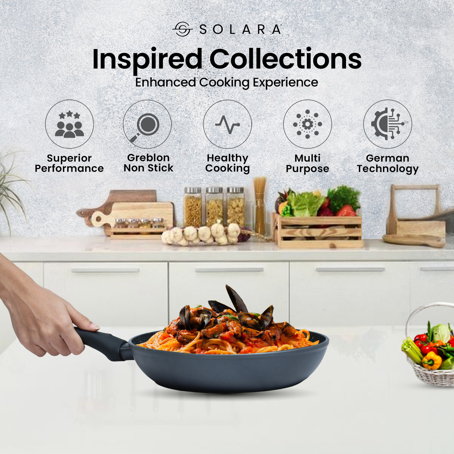 Image of Solara Non Stick Frying Pan 24cm, Induction and Gas Fry Pan - Bezel, PFOA Free, Fry Pan 24 cm diameter 1.6 L capacity