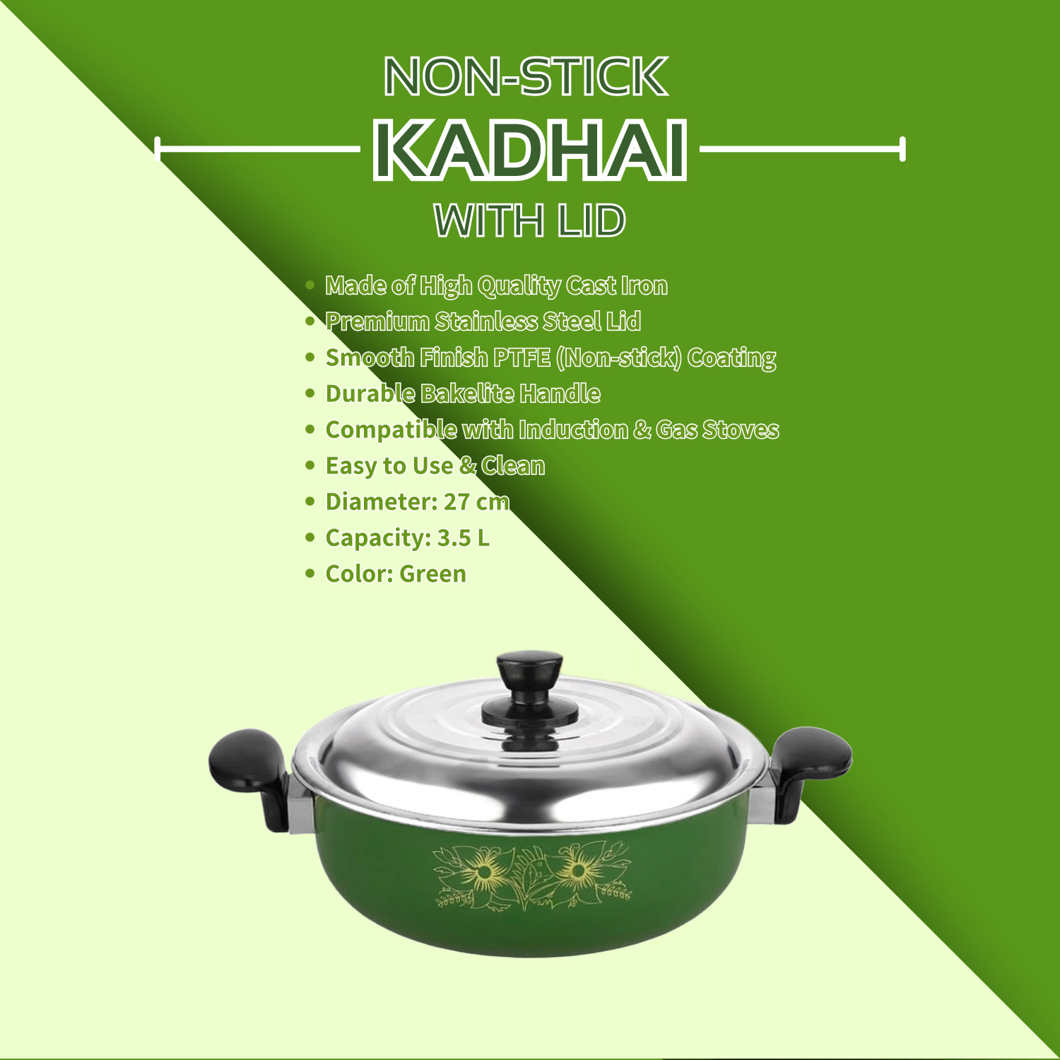 Image of My Store Non Stick Kadhai with Steel Lid (Green / 3.5 L) - Non Stick Induction Compatible Kadhai 27 cm diameter with Lid 3.5 L capacity