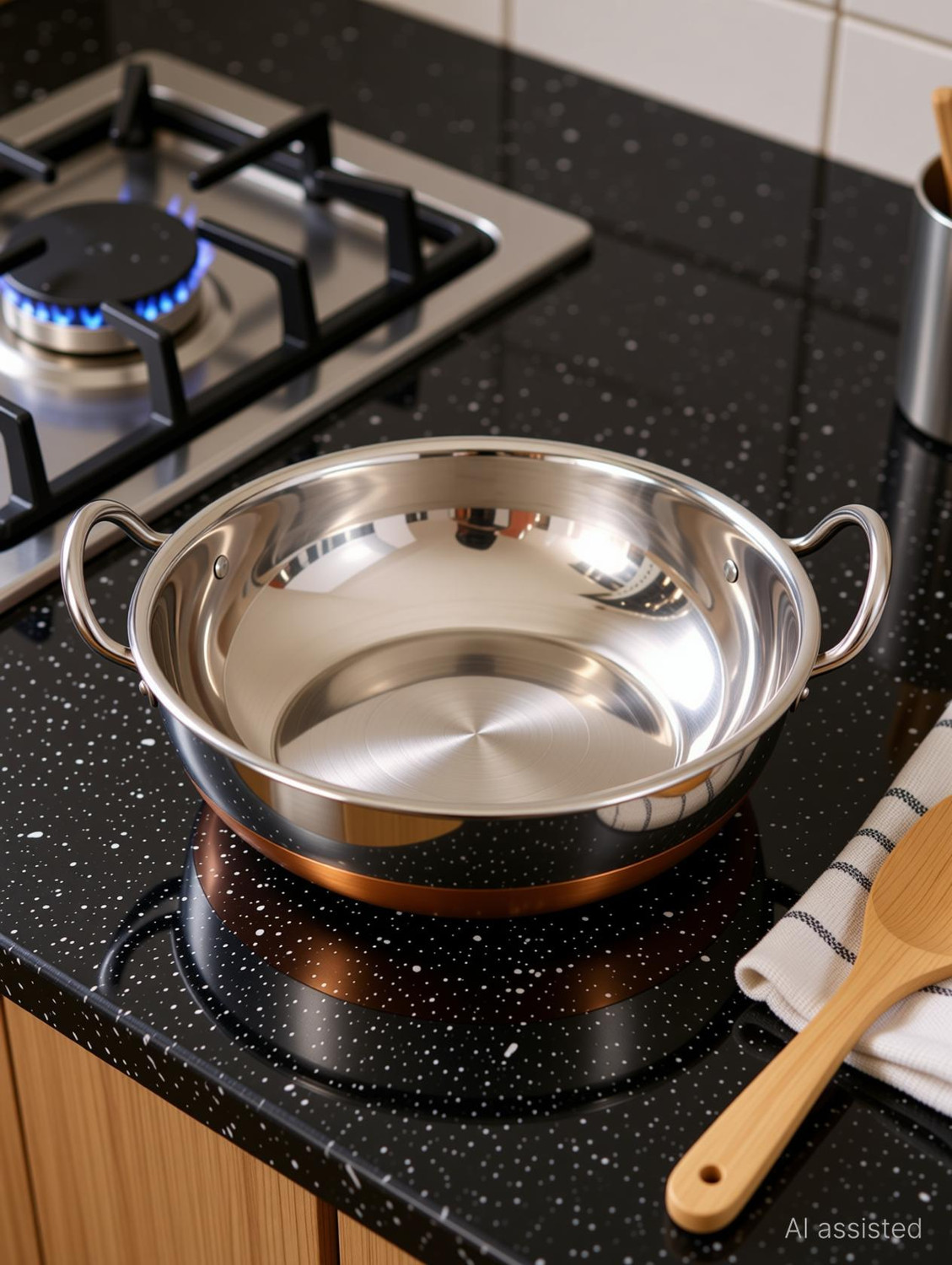 Image of KICHENLY Copper Bottom Stainless Steel Kadhai Pot Pans with Handle Kadhai 20 cm diameter 3 L capacity