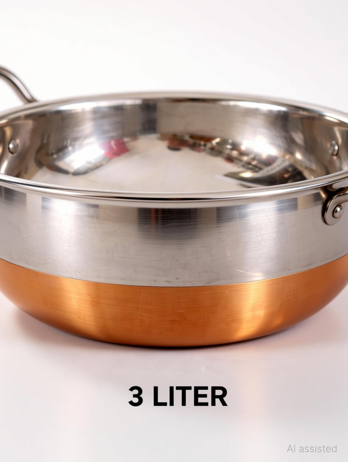 Image of KICHENLY Copper Bottom Stainless Steel Kadhai Pot Pans with Handle Kadhai 20 cm diameter 3 L capacity