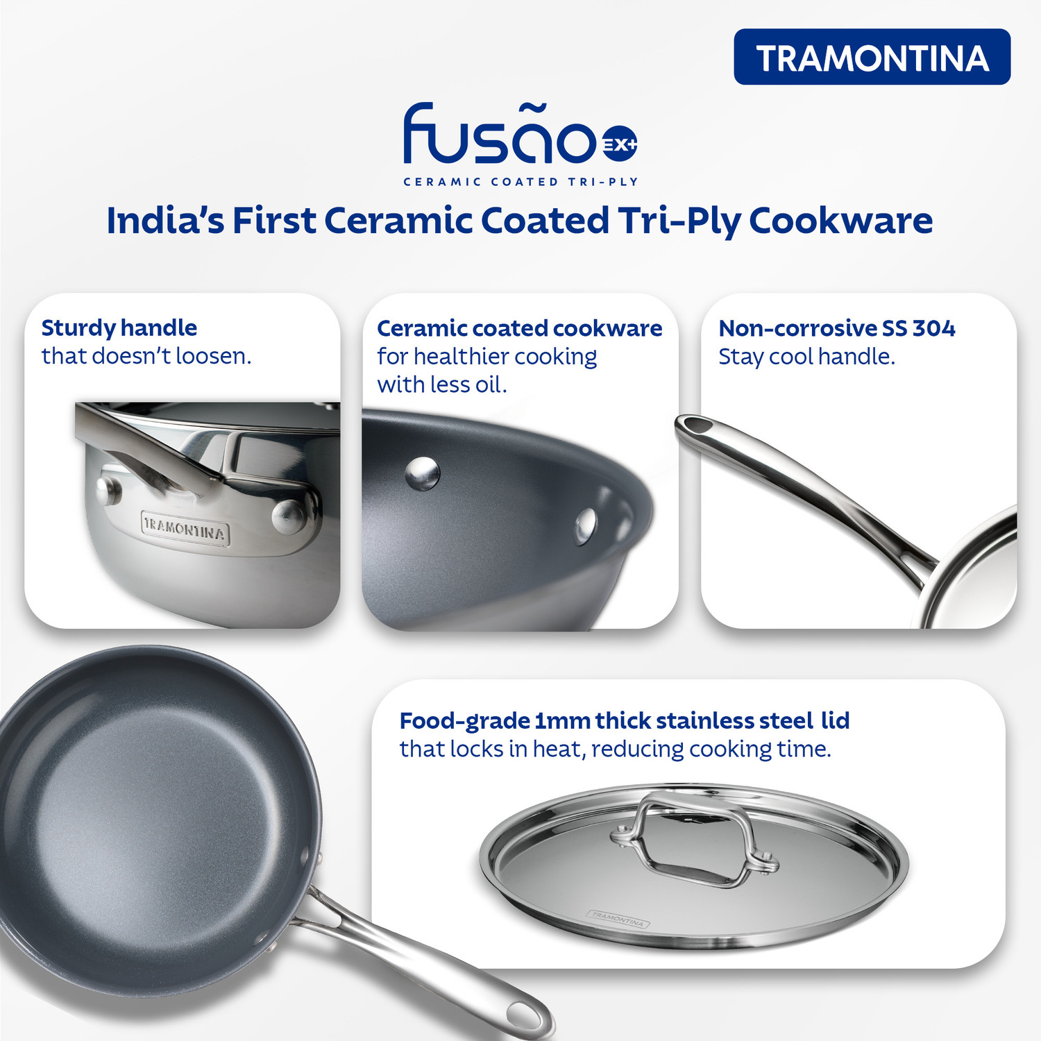 Image of Tramontina Fusao Healthy Ceramic| Non Toxic (PFAS / PTFE / PFOA Free) Omlete|Saute| Fry Pan 20 cm diameter with Lid 1 L capacity