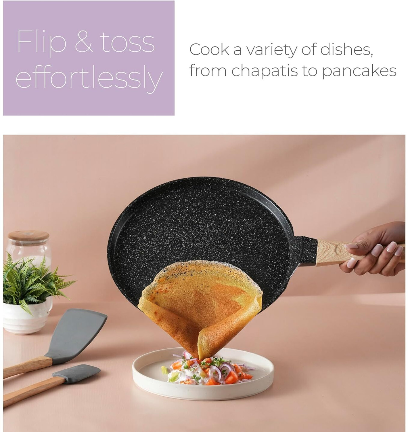 Image of Lifelong Die-Cast Flat Dosa Tawa with Wooden Handle & Spatula (Roti /Chapati) Tawa 28 cm diameter (Aluminium, Non-stick, Induction Bottom)