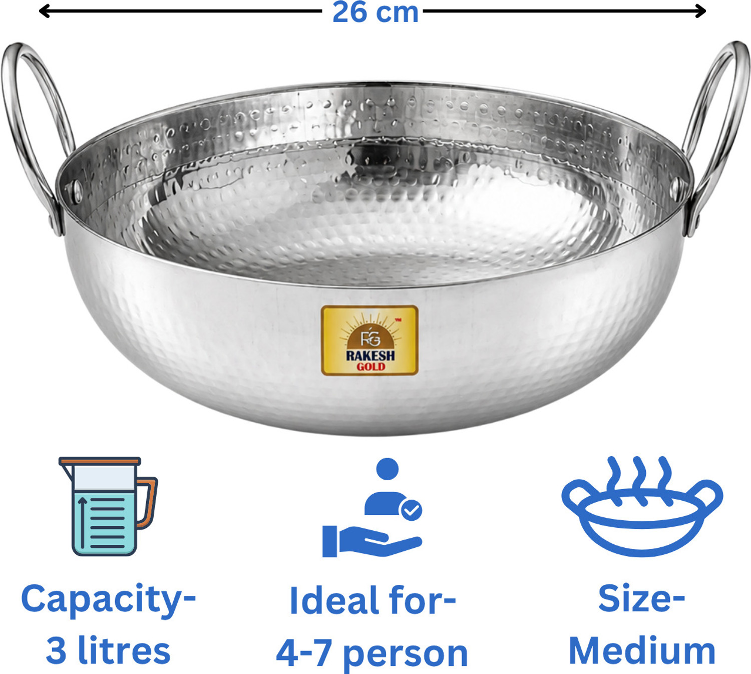 Image of Rakesh Gold Stainless steel heavy bottom for kadhai Kitchen | Hammered steel kadhai cooking Kadhai 26 cm diameter 3 L capacity