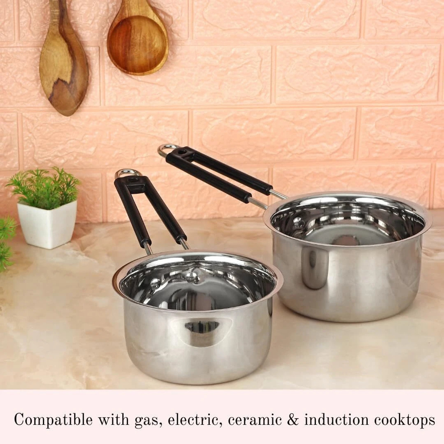 Image of Bowls & More Flat Bottom Sauce Pan | Heavyduty Stainless Steel With Heat-Resistant Handle Sauce Pan 16 cm diameter with Lid 1.3 L capacity (Stainless Steel, Non-stick)
