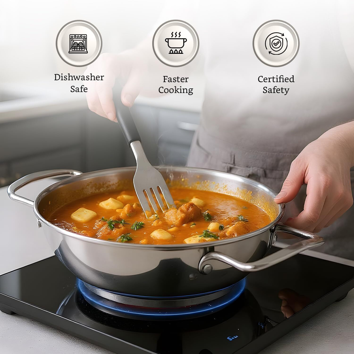 Image of MAXSUN Induction Base Stainless Steel Kadai - Heavy Gauge Design m12 Kadhai 9 cm diameter with Lid 3 L capacity