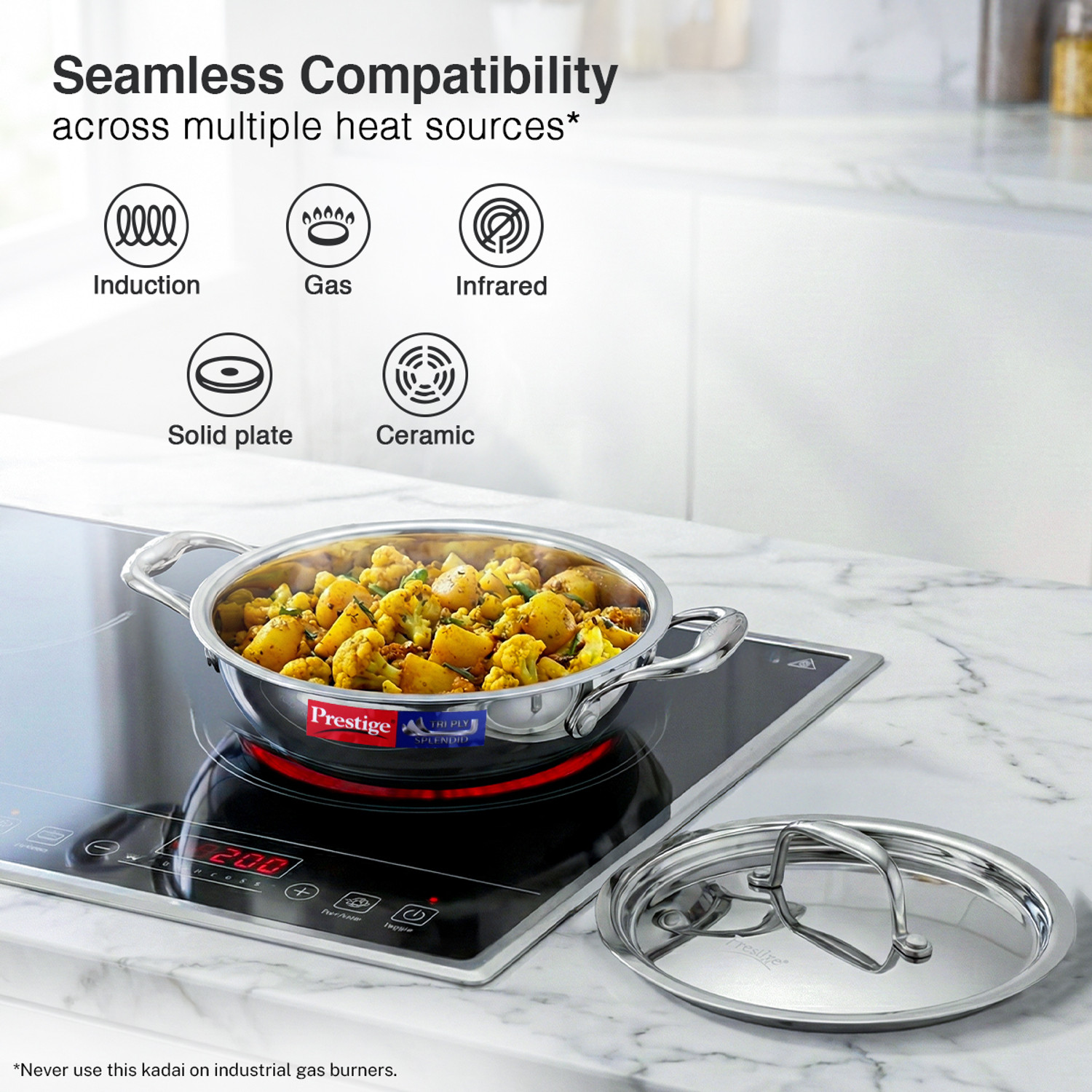 Image of Prestige Tri-Ply Stainless Steel Splendid Kadhai 18 cm diameter with Lid 1.2 L capacity