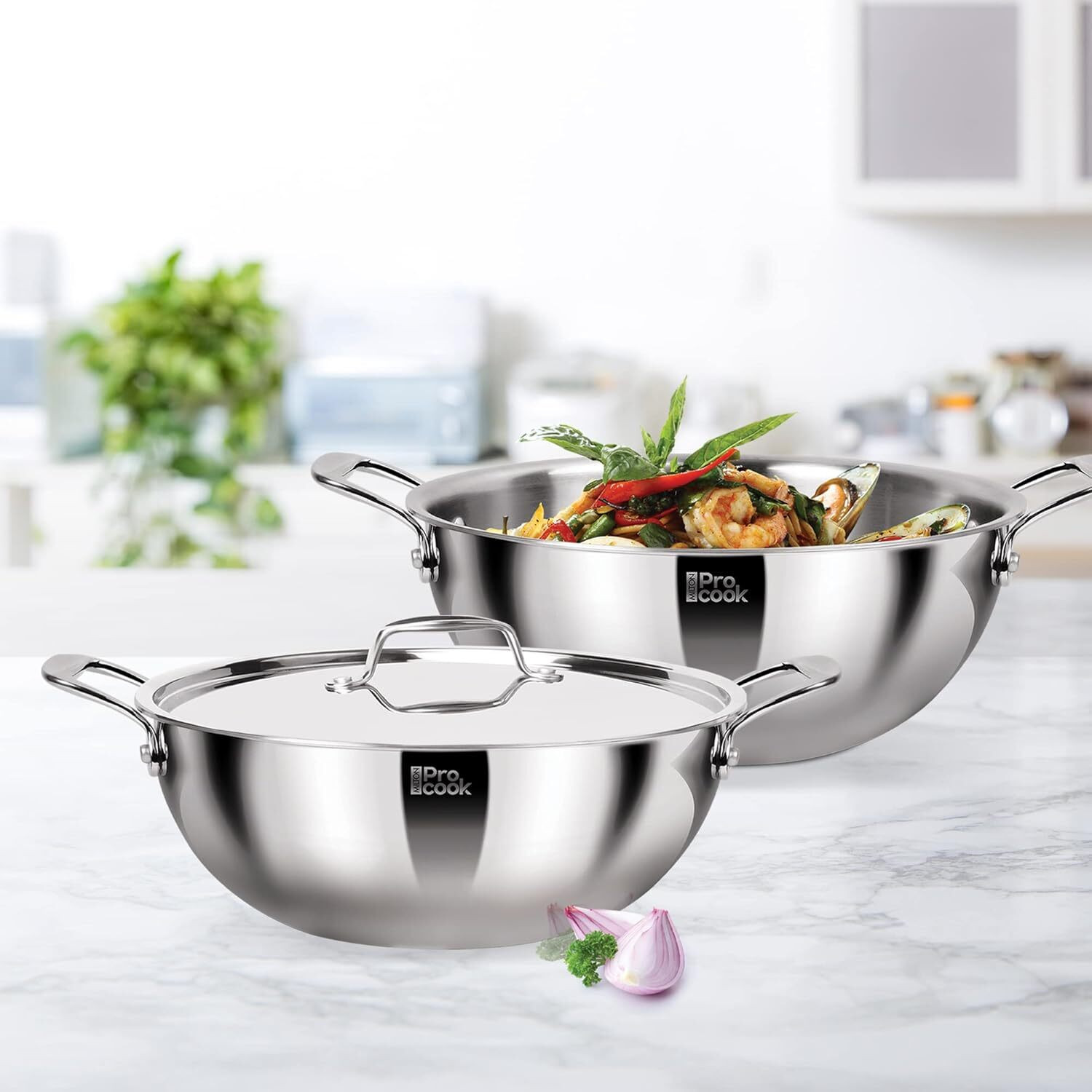 Image of MILTON Pro Cook Triply Deep Kadhai with Stainless Steel Lid | Hot Plate | Flame Safe Kadhai 24 cm diameter with Lid 3.6 L capacity