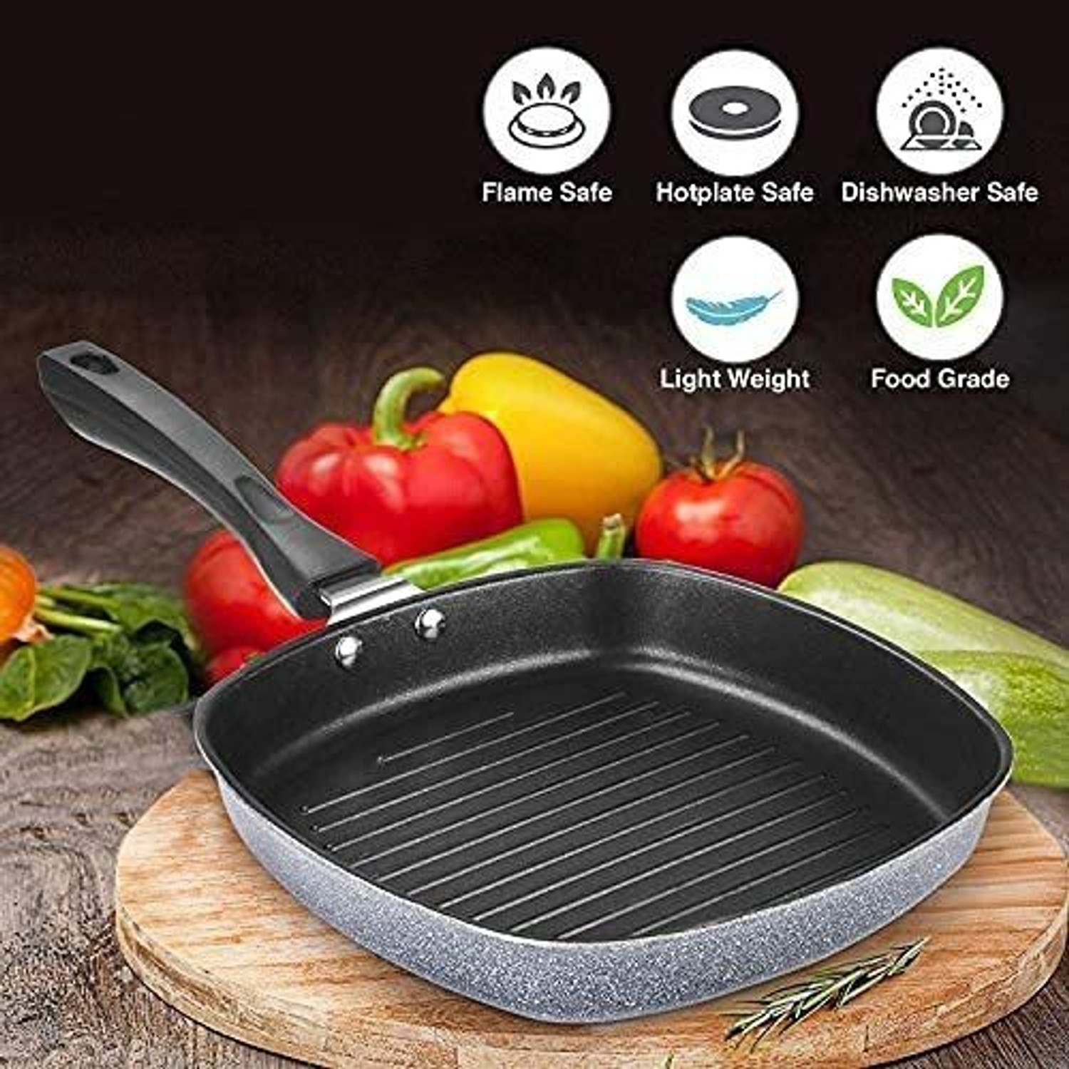 Image of Masox Store Classic Nonstick Grill Tawa Gas Stove Compatible Sandwich Pan with Handle K3 Grill Pan 22.5 cm diameter 1 L capacity (Aluminium, Non-stick)