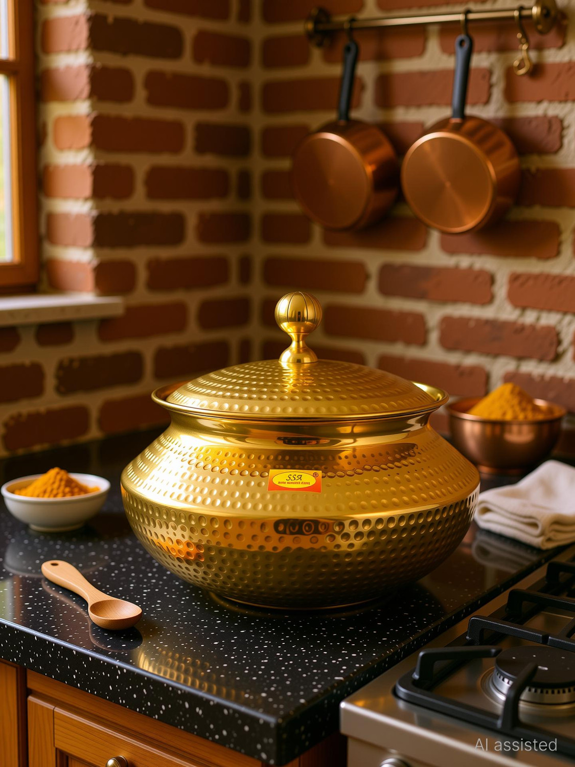 Image of Shivshakti Arts Brass Hammered Biryani Handi Chaffing Dish Patili with Lid,Tin Lining,Cookware Handi 15 L with Lid