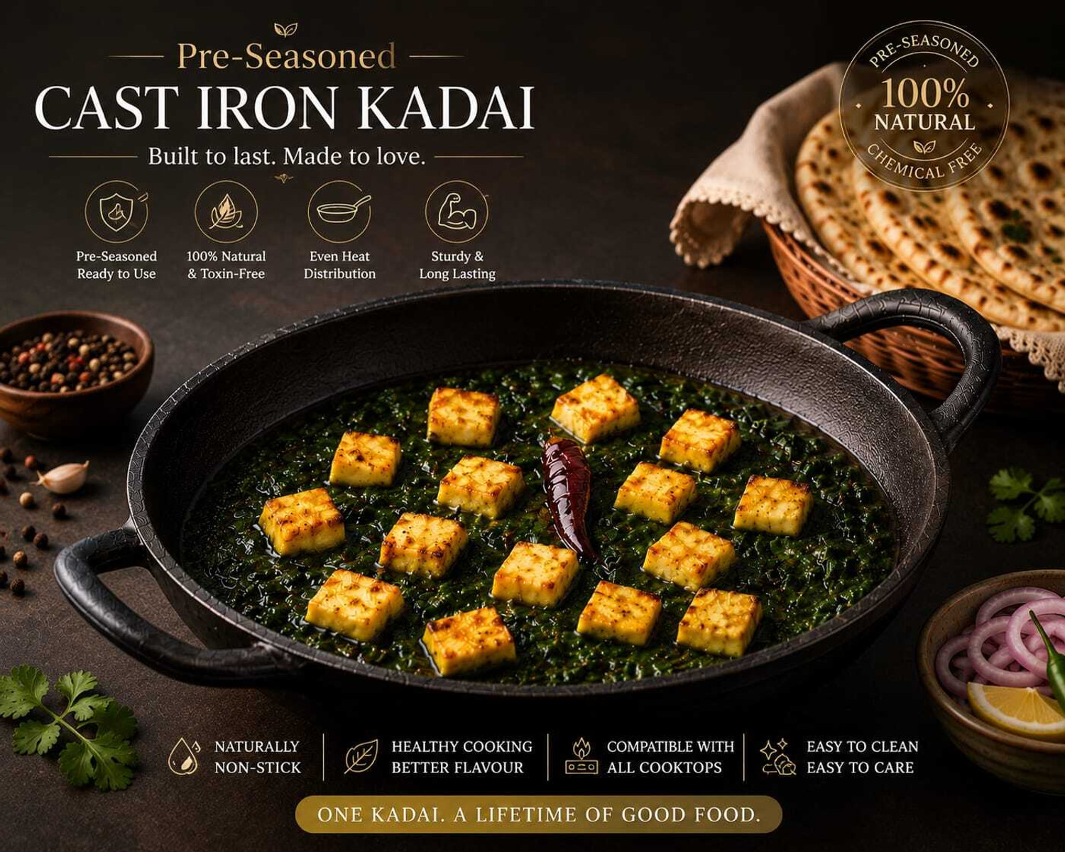 Image of forsel Premium Quality Cast Iron Kadai for Multipurpose Kitchen Cooking Kadhai 25 cm diameter 2.4 L capacity