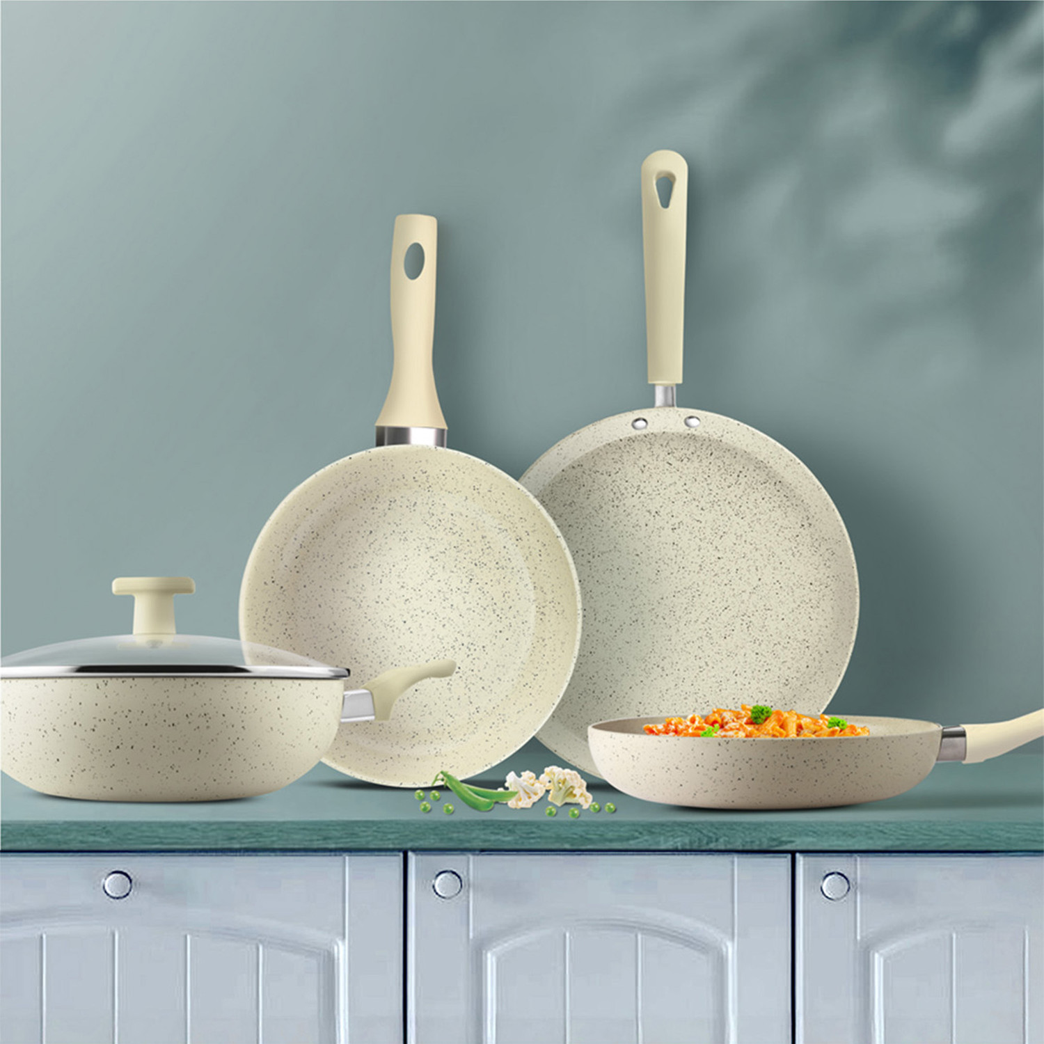 Image of MILTON Pro Cook Premium 24cm Ceramic Non-Stick Fry Pan with Glass Lid, Cream Fry Pan 24 cm diameter with Lid 2 L capacity