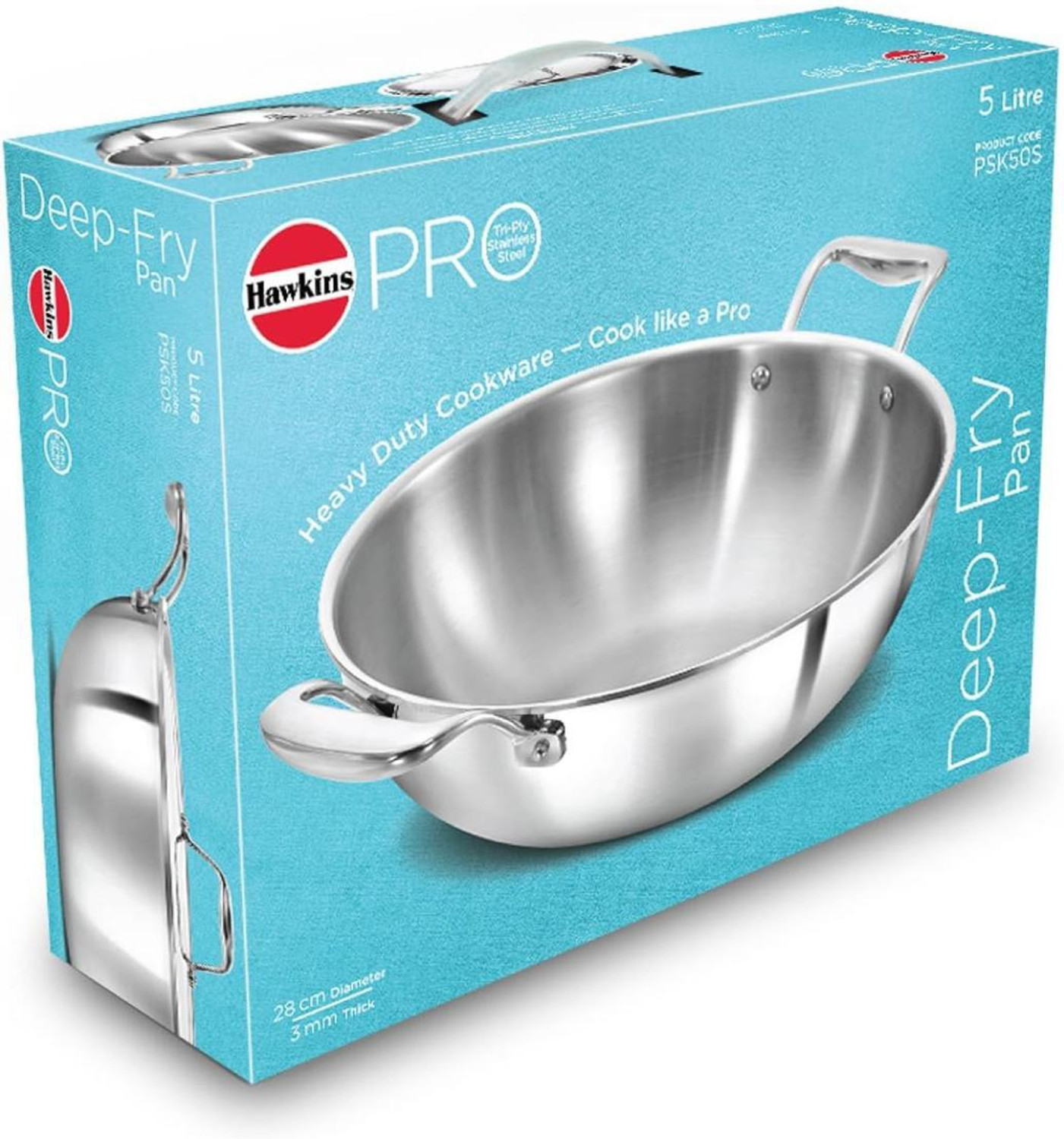 Image of Hawkins Pro Stainless Steel Handles and Stainless Steel Lid Kadhai 28 cm diameter with Lid 5 L capacity