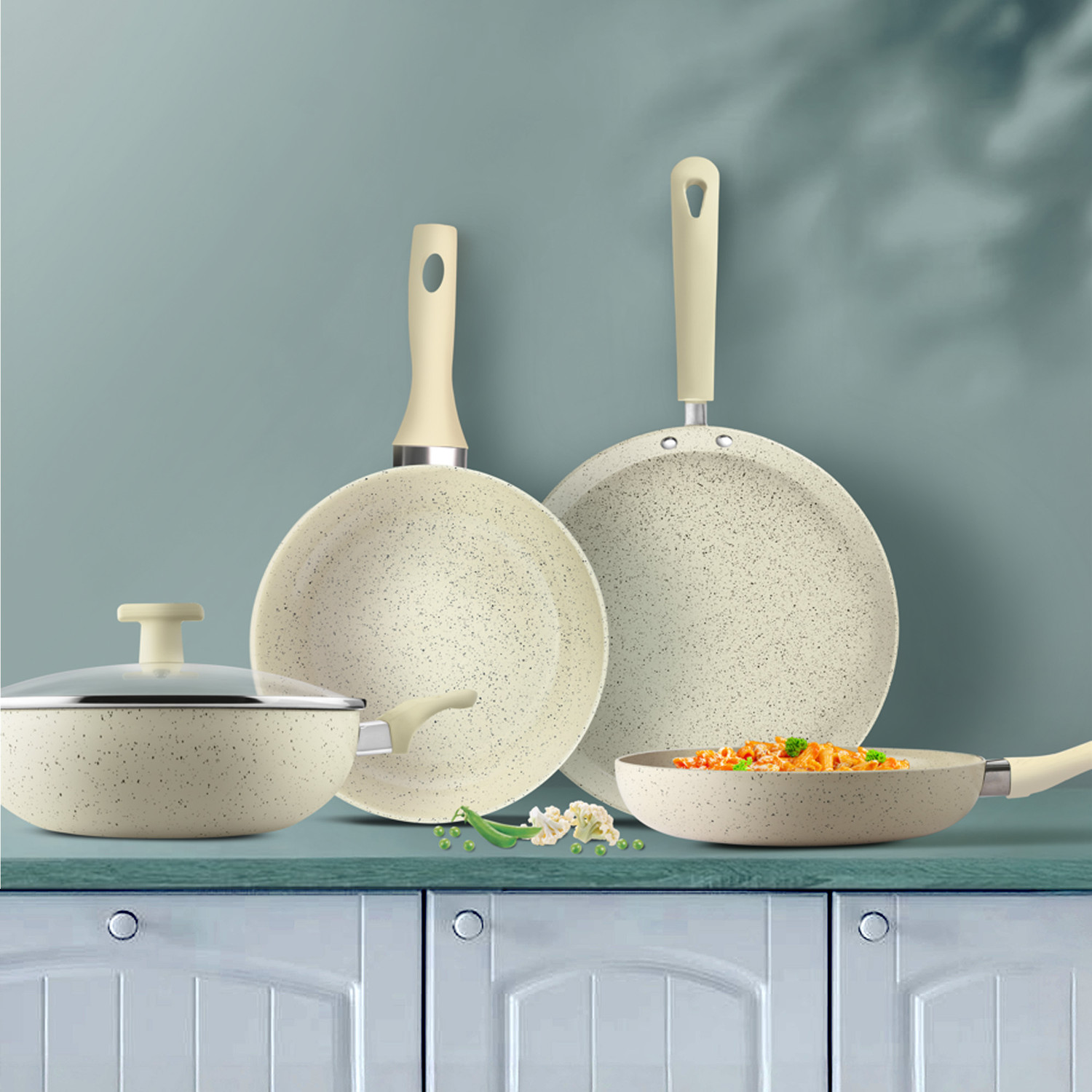Image of MILTON Pro cook 26cm Ceramic Non Stick Kadhai With Lid Induction & Gas Friendly, Beige Kadhai 26 cm diameter with Lid 3.6 L capacity