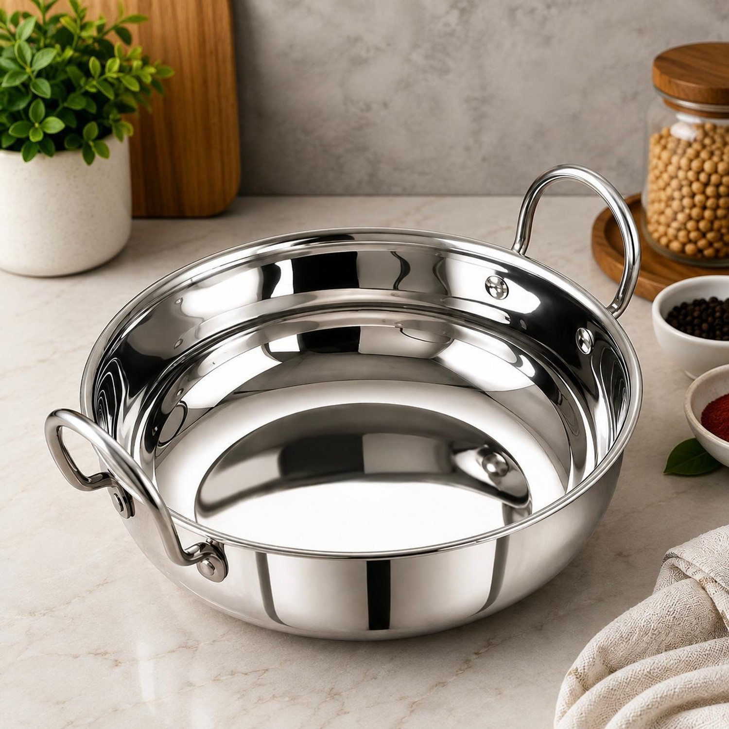 Image of ZZZ Enterprises SS Sandwich Bottom Kadhai 1.9L - 20.5cmkadhai 2 Kadhai 21 cm diameter 1.5 L capacity (Stainless Steel, Induction Bottom)