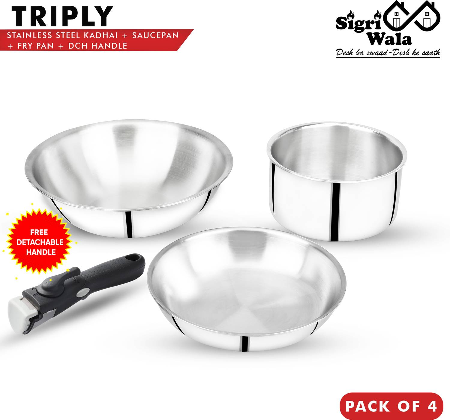 Sigri-wala Cook Healthy Triply Combo set Kadhai 24 cm, 16 cm, 22 cm diameter 2.2 L, 1.6 L, 1.3 L capacity — Fry Pans & Cookware Sets