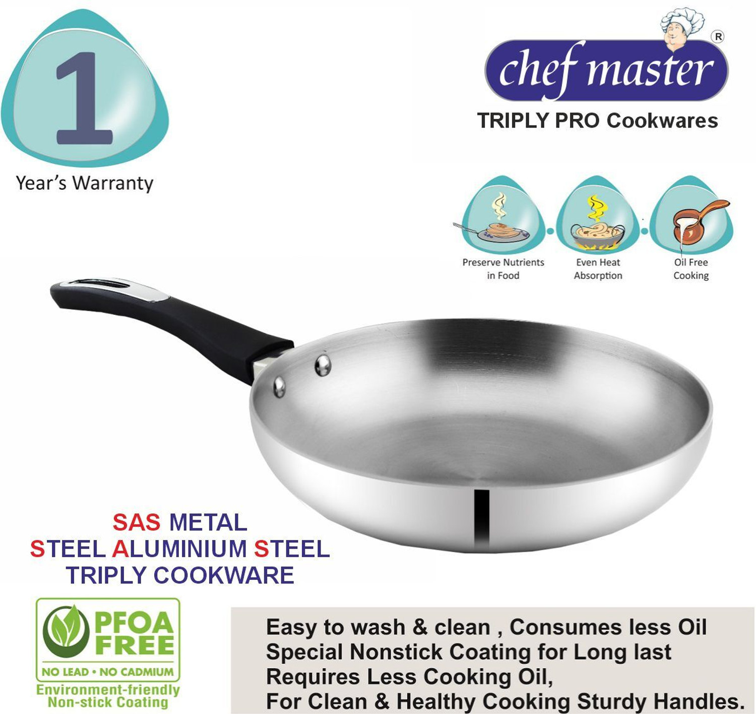 Image of Chefmaster Platinium Induction Bottom 24cm Triply Stainless Steel Frypan Fry Pan 24 cm diameter 1.5 L capacity