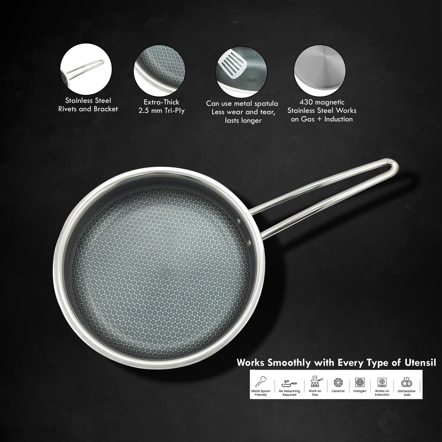 Image of Sigri-wala Cook Healthy Honeycomb Mesh Fry Pan 24 cm diameter with Lid 1.8 L capacity