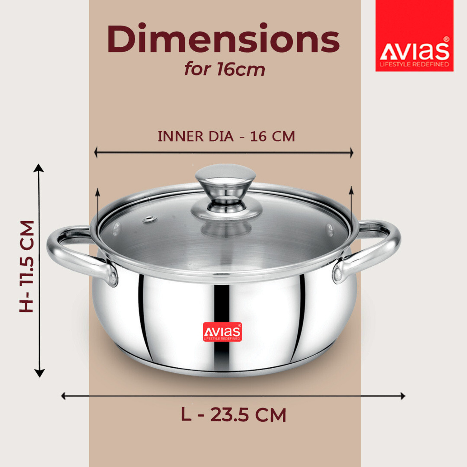 Image of AVIAS IB Cookpot with Glass Lid /Gas Stove Friendly /Rust-Resistant Cookware Pot 16 cm diameter 2 L capacity with Lid