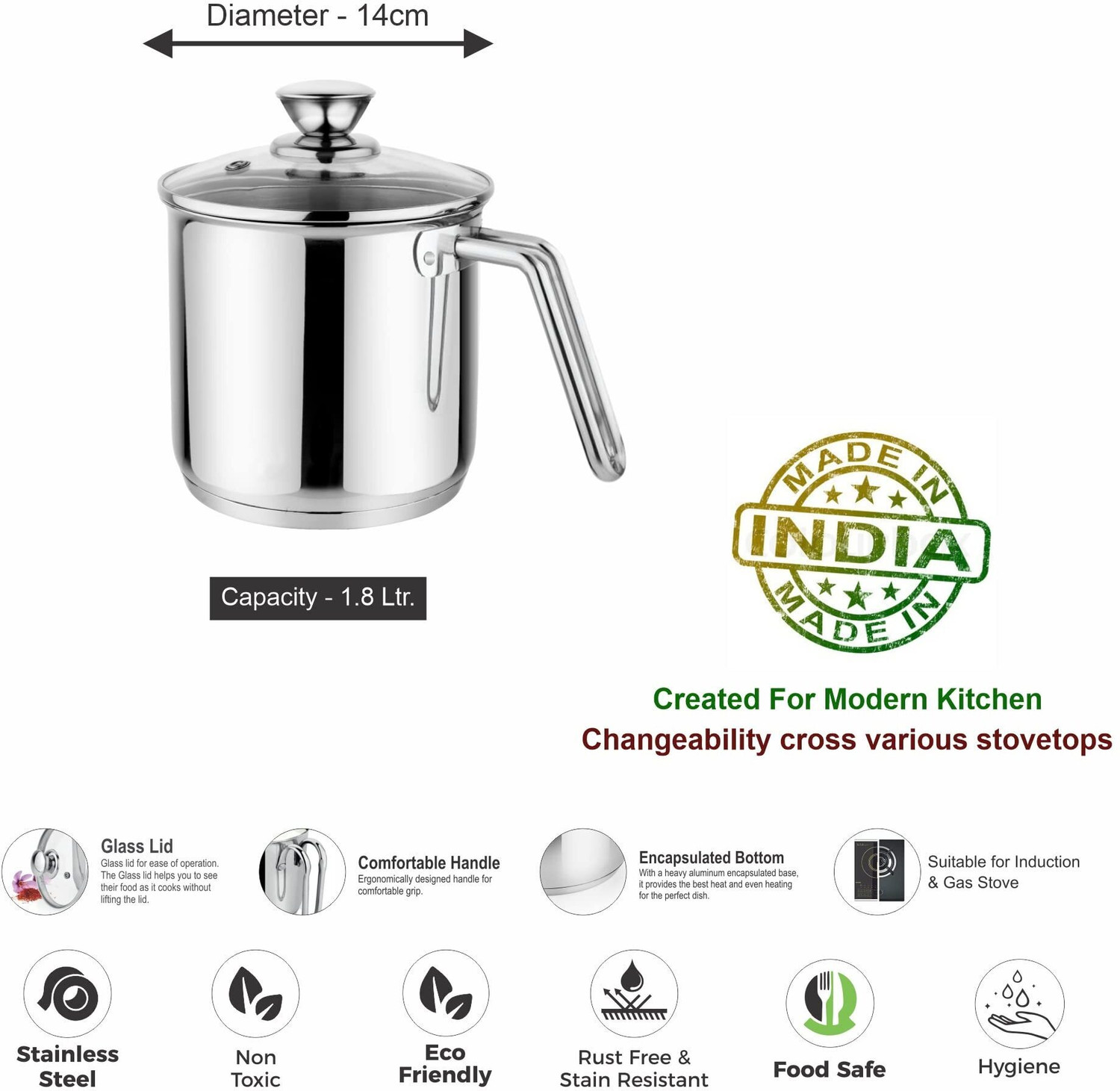 Image of PRABHA Heavy Gauge Encapsulated Base Stainless Steel Plain Milk Pot Milk Boiler Pot 14 cm, 11 cm diameter 1.8 L, 1.1 L capacity with Lid