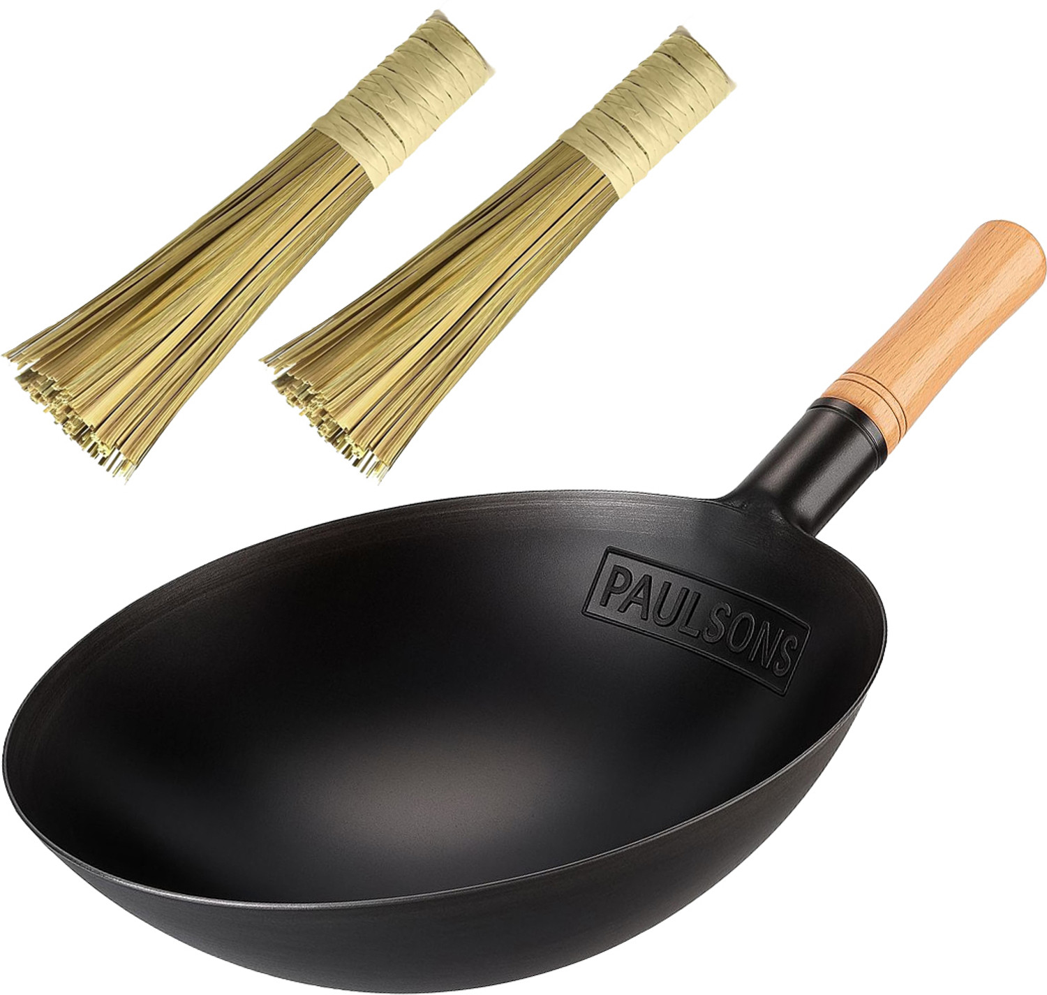 Image of RAYCRAFT WORLD Carbon Steel Wooden Handle Wok with 2pcs Wok Cleaning Brush Wok 5 L capacity 40 cm diameter