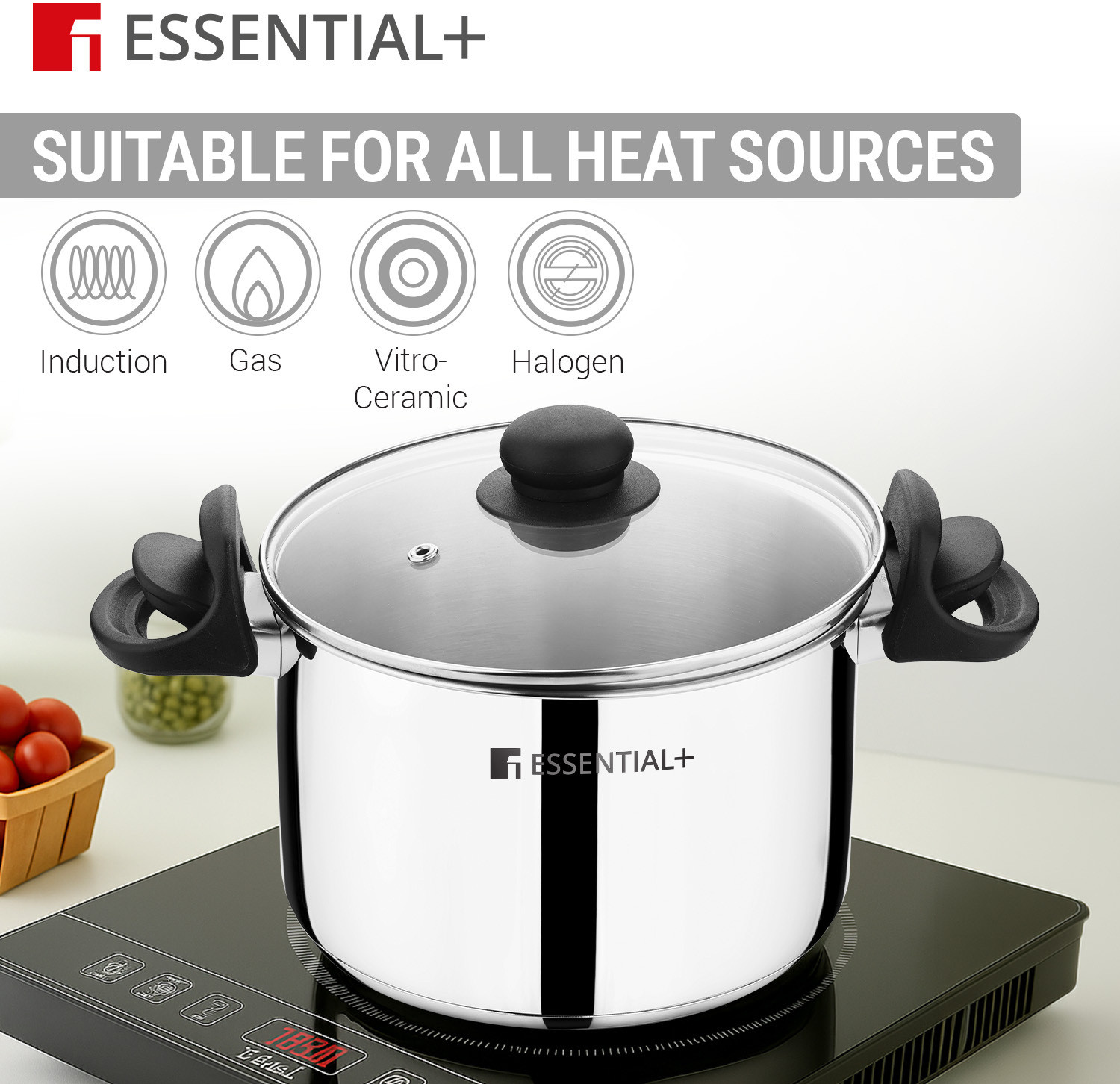 Image of BERGNER Essential Plus Stainless Steel Rice Strainer Pot 20cm (4L) with Glass Lid, Pot 20 cm diameter 4 L capacity with Lid