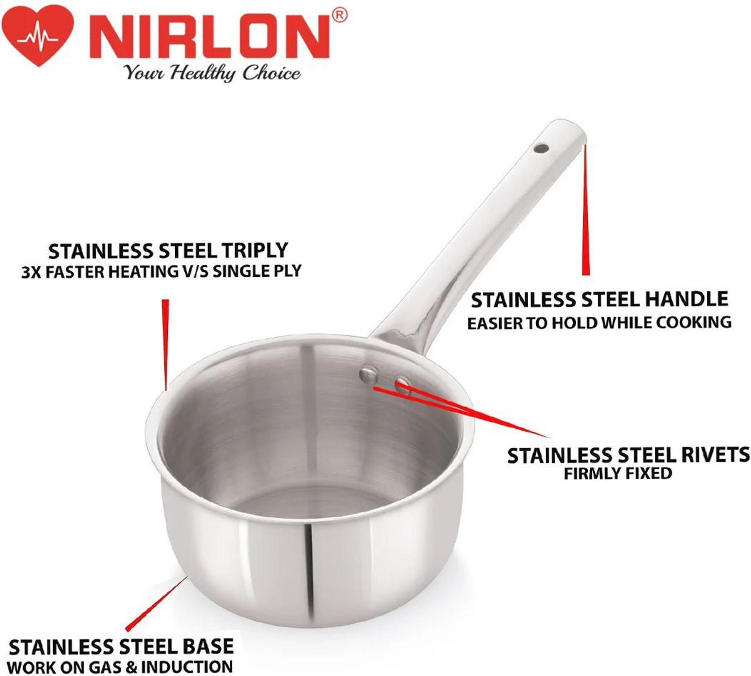 Image of NIRLON Plus Triply 3 Layer Stainless Steel Cookware Sauce Pan Tea Pan 16cm Sauce Pan 16 cm diameter 1.6 L capacity