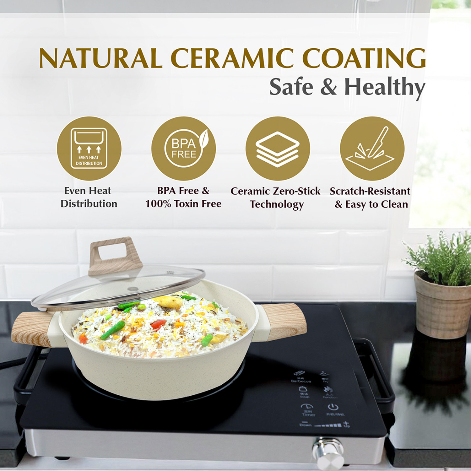 Image of Solara Belmont Ceramic Non Stick Kadai With Lid for Cooking, Kadhai 24 cm diameter with Lid 2.2 L capacity