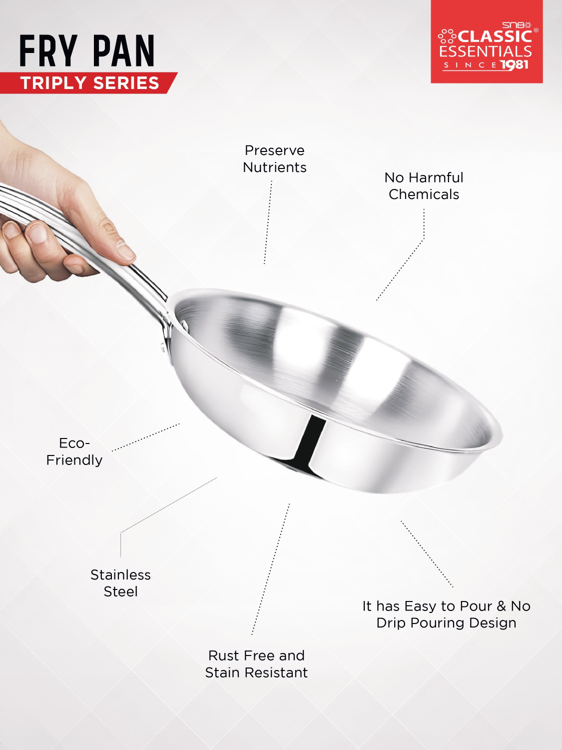 Image of Classic Essentials Triply Fry Pan, 3 Layer Stainless Steel Fry Pan 20 cm diameter 1 L capacity