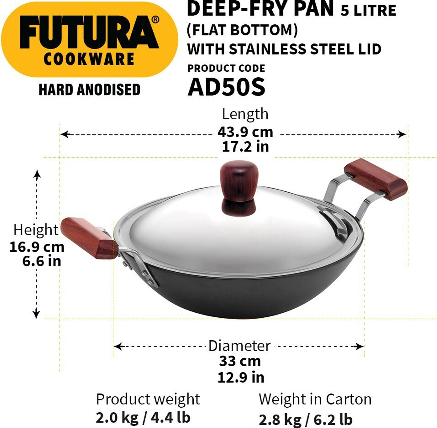 Image of Hawkins Deep-Fry Pan, (AD50S) Kadhai 33 cm diameter with Lid 5 L capacity