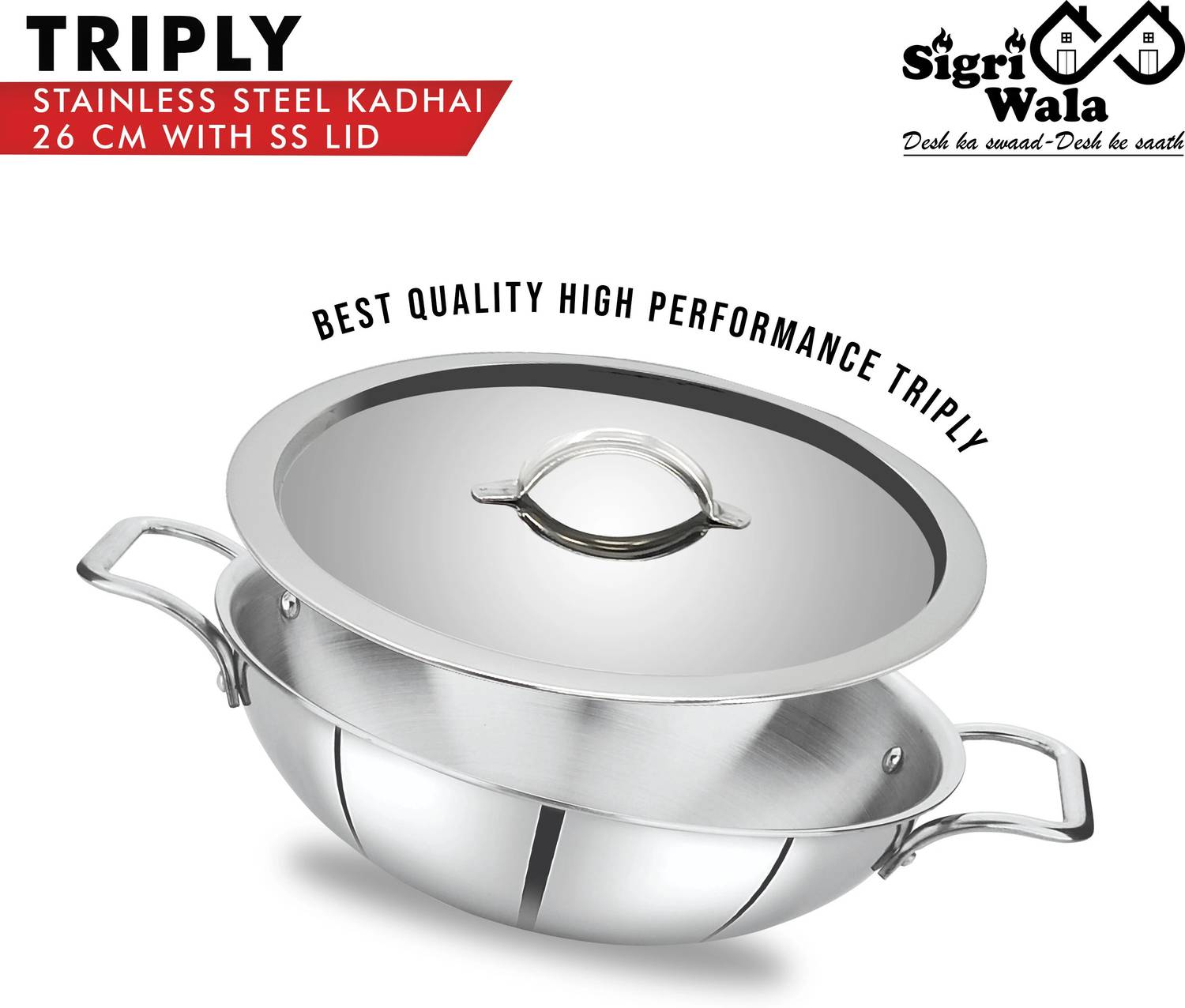 Sigri-wala Cook Healthy SS LID Kadhai 26 cm diameter with Lid 3.3 L capacity — Kadai & Handi