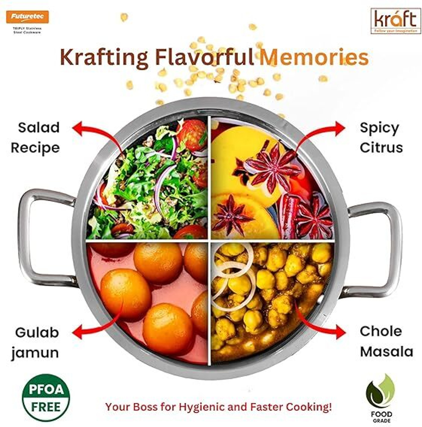 Image of Kraft Stainless Steel Futuretec Triply Stainless Steel Extra Deep Kadhai 24 cm diameter with Lid 3.3 L capacity