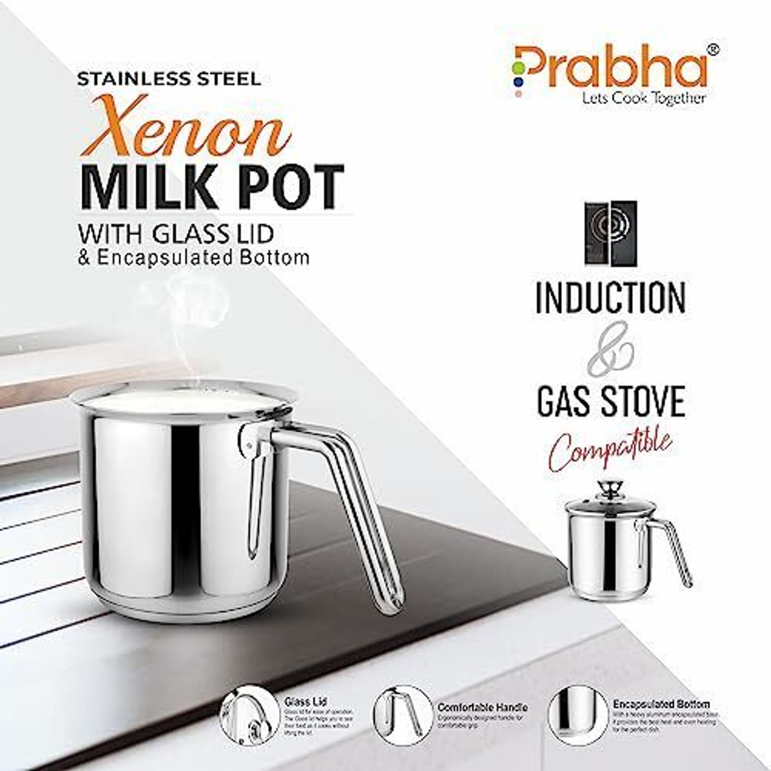 Image of PRABHA Heavy Gauge Encapsulated Base Stainless Steel Milk Pot Milk Boiler Pot 11 cm diameter 1.1 L capacity with Lid