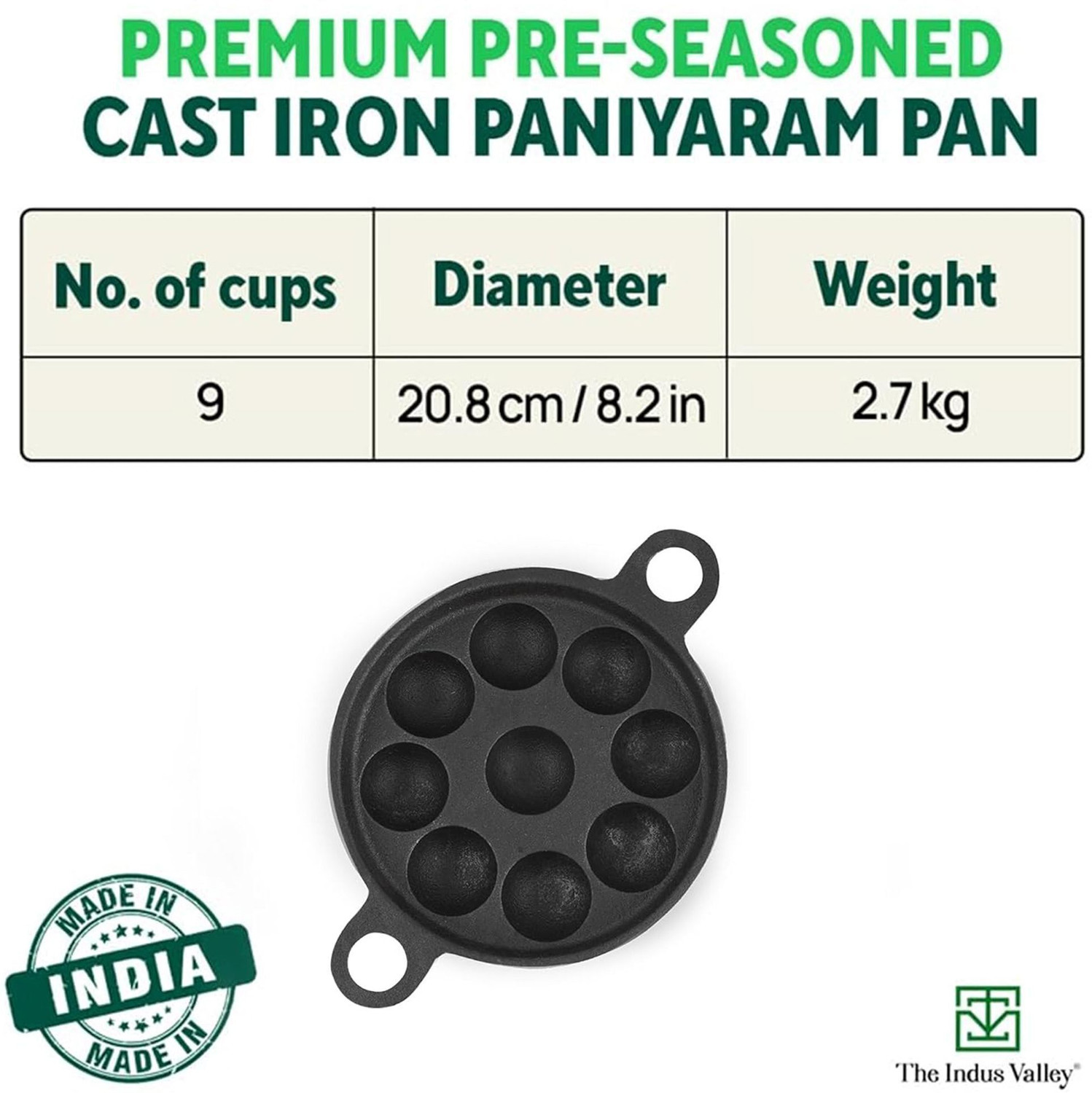 Image of The Indus Valley Pre-Seasoned Cast Iron Paniyaram /Paddu Pan with Free Wooden Picker|9 Pit Paniarakkal Pan 20.8 cm diameter 0 L capacity