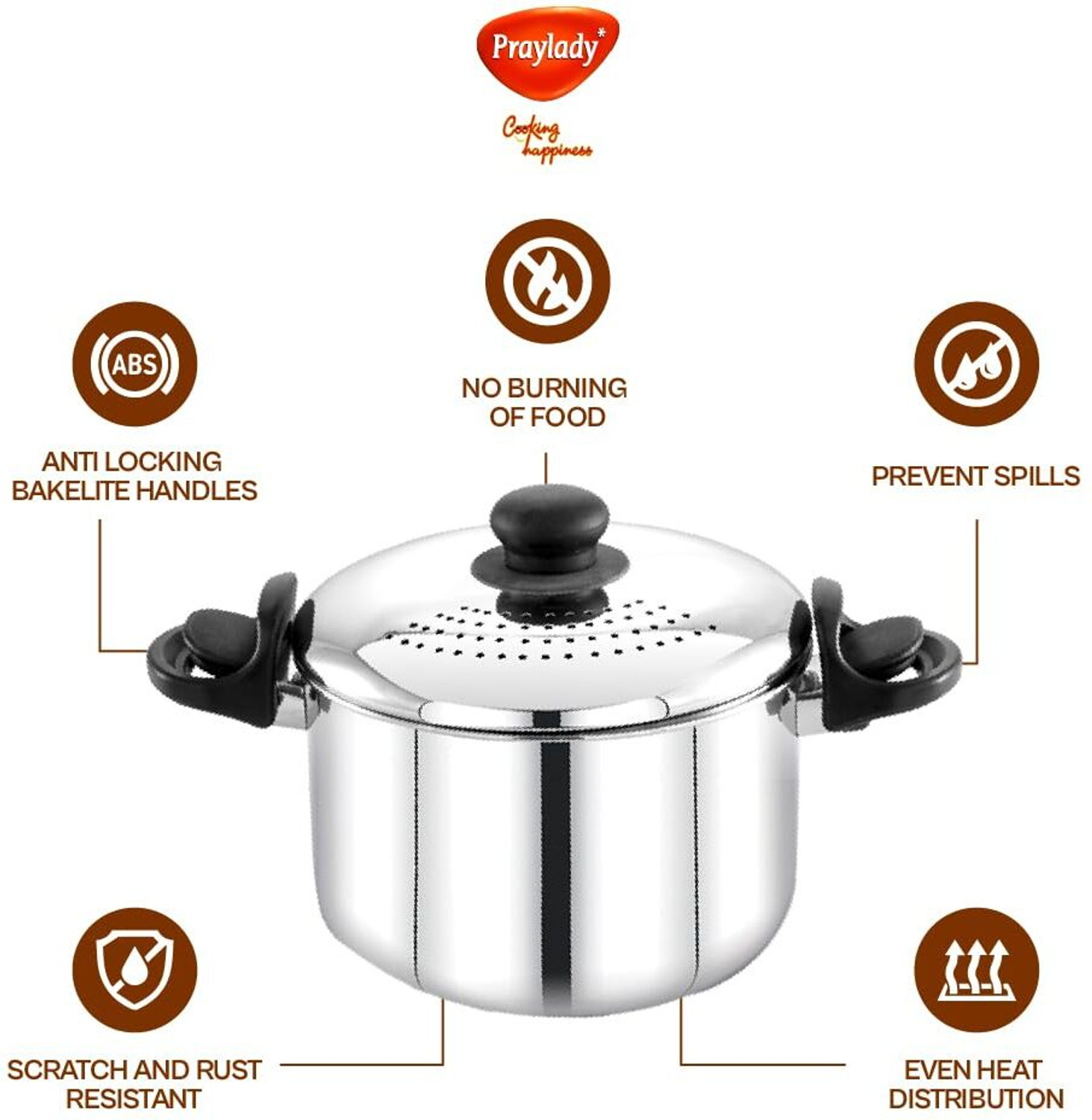 Image of Praylady Stainless Steel Strainer Pot 3L Without Glass Lid - Induction Pot Pot 20 cm diameter 3 L capacity with Lid