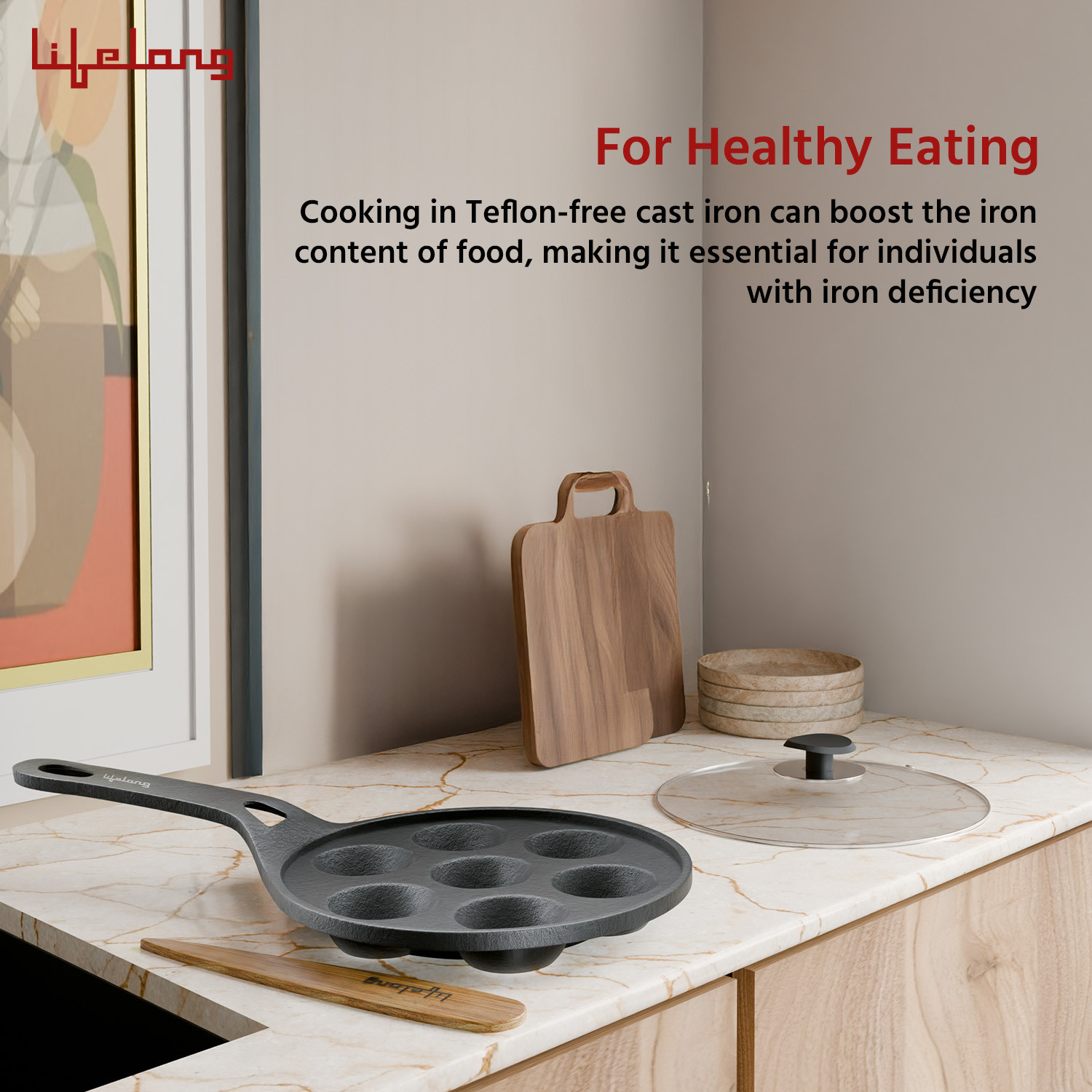 Image of Lifelong Pre-Seasoned Paniyaram Pan with Wooden Spatula, 7 Pits Naturally Non Stick Paniarakkal Pan 21 cm diameter with Lid 0.5 L capacity (Cast Iron, Induction Bottom)